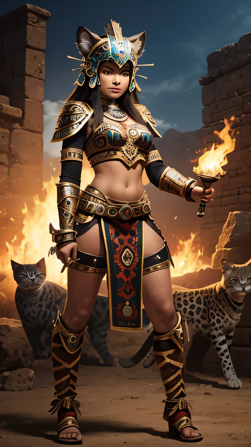 year 1455 aztec warrior woman, gato, equipo, costume according to the era, full body position t , cascos en forma de jaguar, hd, ,Cara feliz

