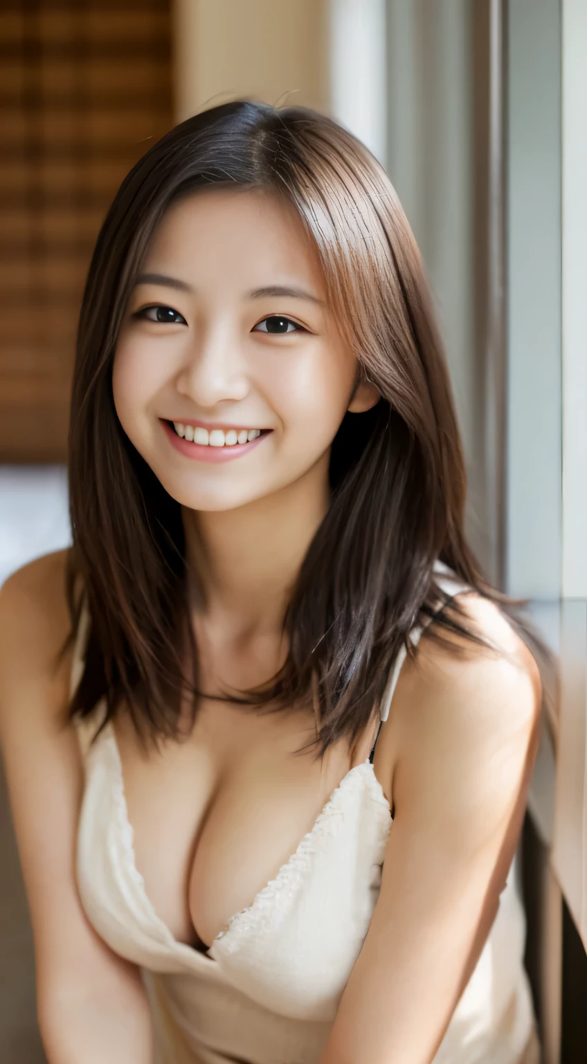 masterpiece,best quality,(Japanese ),((Beautiful girl)),cleavage,indoor,(perfect body beauty:1.2),(shy smile),beautiful teeth,