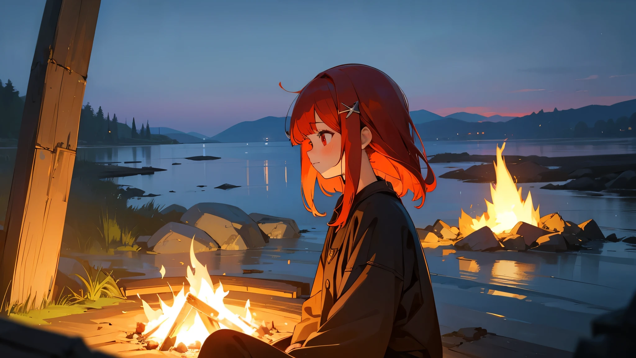 outside、night、waterside、bonfire、campfire、Cozy space、one cute girl、profile、Red hair、red eye、bob、bangs, cute hair ornament, 4K、Make the girl's face cute and clear, highest quality、anime style、masterpiece、((beautiful girl)) 4K 8K:: realistic, , lonelytacular scenery, Lofi, anatomically correct, Visually correct, 1 girl