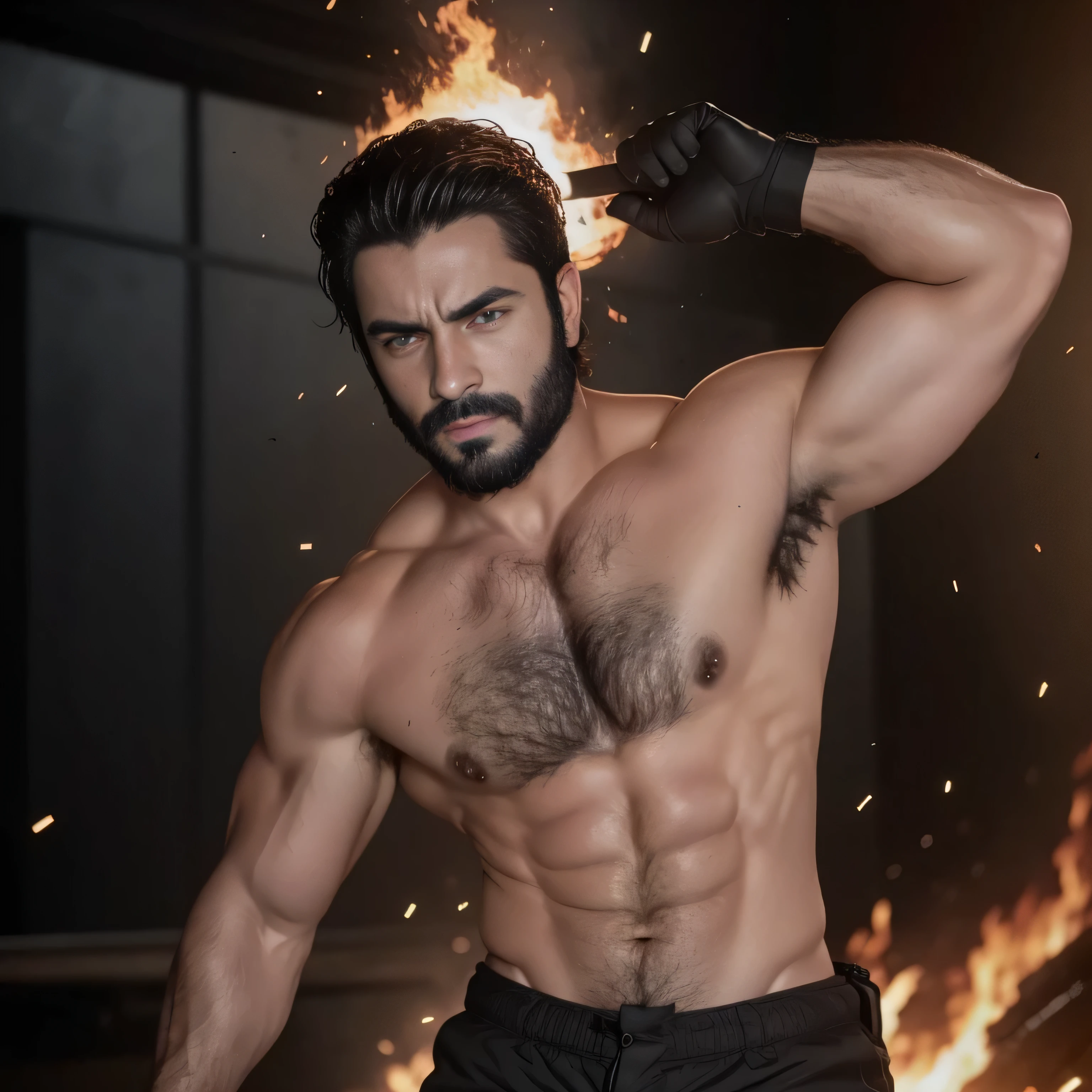 "Attractive man in an action movie scene with explosions and fire, cuerpo musculoso, barbarian, rostro detallado y expresivo".