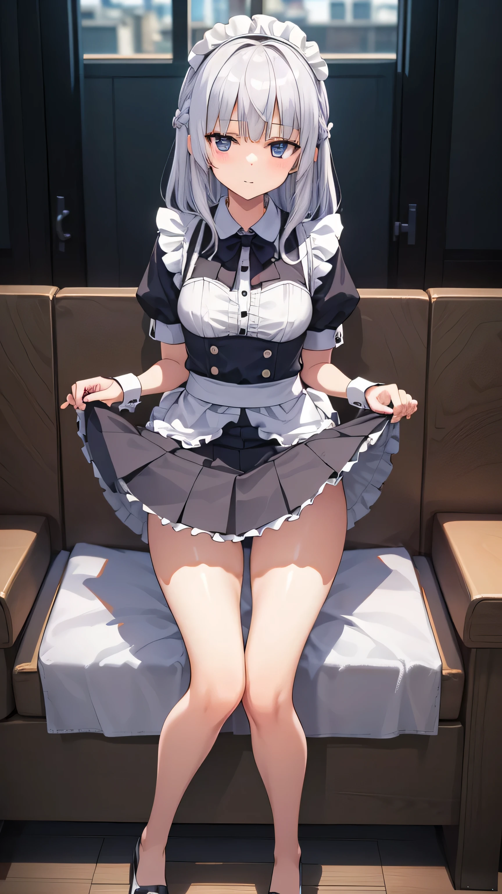 1 girl, , alone, lift your legs, 长长的hair, skirt, white_hair, maid_have, watch_take a step back, watch_Shown in_look at the audience, through bangs, Black_lift your legs, Blushed, Black_skirt, he himself, short_sleeve, clothes are_lift, wrist_arm cuffs, Deco, skirt_lift, Big deal_, lifted_pasado_self expression, Translucent liquid comes from_Shown in后面, maid, fluffy_short_sleeve, side lock, fluffy_sleeve, crop_top, blunt_through bangs, , awago outh, Big deal腿, Black_have眼睛, chair, kneeling, frilly_skirt, _go out, Shown in室内, window,