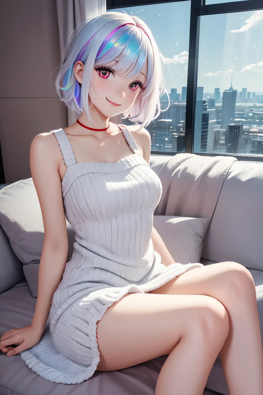 best quality, 8k, RAW photo, incredibly absurdres, extremely detailed, beautiful woman, happy, smile, shy, iridescent white messy wavy short hair, (wind), wearing fluffy long-pile knit long pastel color dress, superlative body proportion, relax in the room, variety of visual styles that combine various artistic elements like a sparkling rainbow, BREAK , shining metallic red eyes