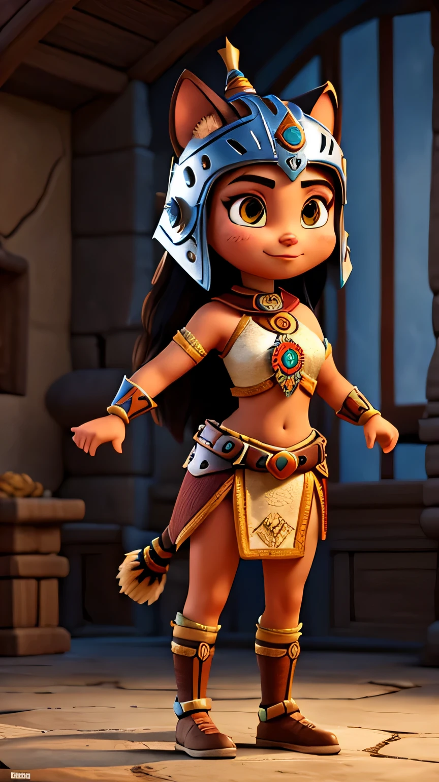 year 1455 aztec warrior woman, gato, equipo, costume according to the era, full body position t , cascos en forma de jaguar, hd, ,Cara feliz