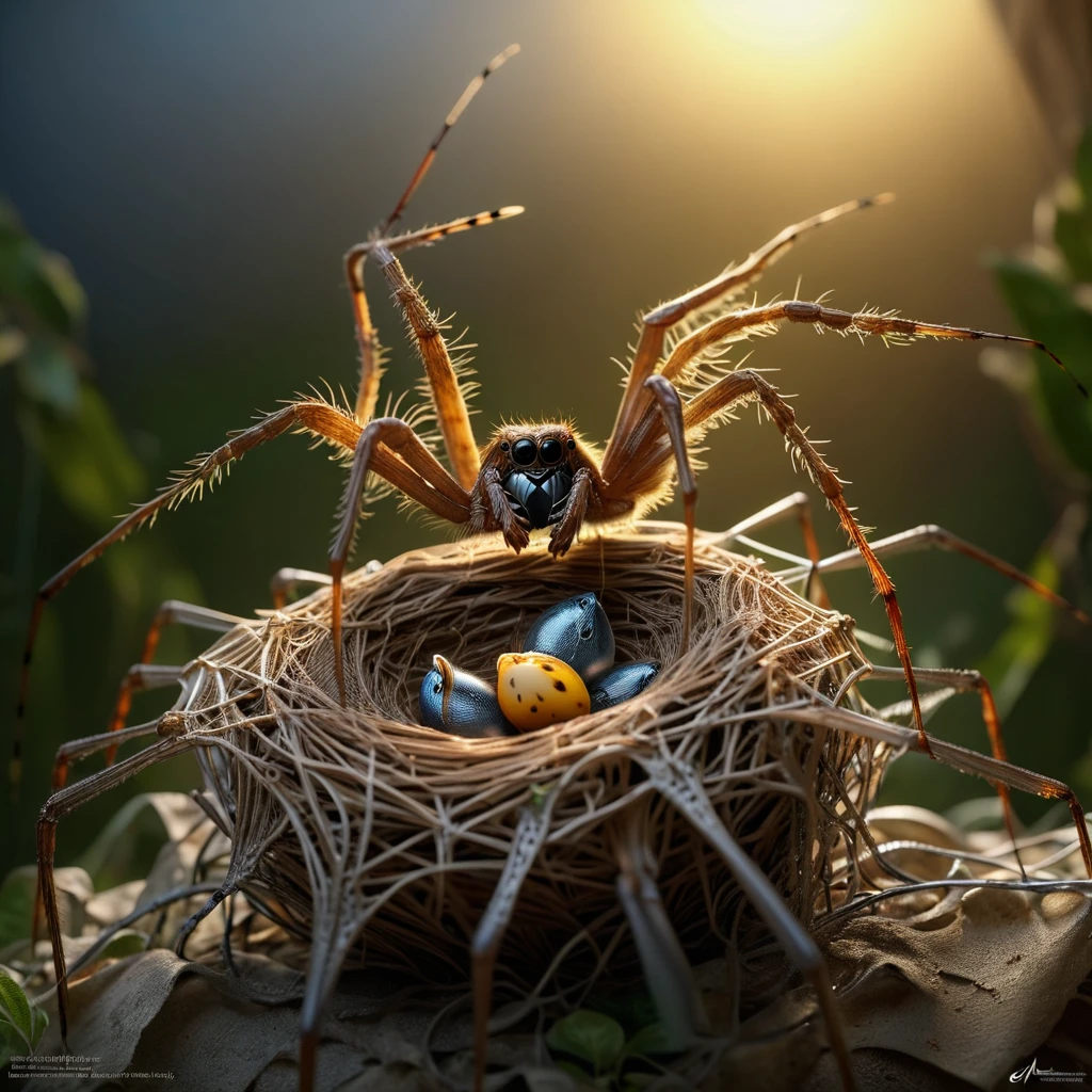 Photo winner of the Wildlife Photographer of the Year awards A bird spider goes to the nest with a lone lark chick., perfect composition, beautiful detailed intricate insanely detailed octane render trending on artstation, 8 k artistic photography, photorealistic concept art, soft natural volumetric cinematic perfect light, chiaroscuro, award - winning photograph, masterpiece,. High Resolution, High Quality, Masterpiece. best quality, masterpiece, super detail