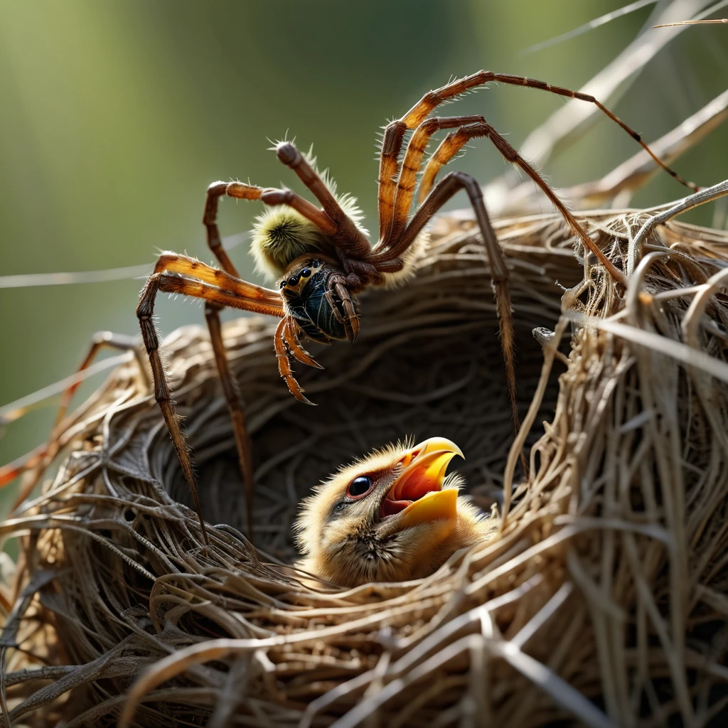 Photo winner of the Wildlife Photographer of the Year awards A bird spider goes to the nest with a lone lark chick., perfect composition, beautiful detailed intricate insanely detailed octane render trending on artstation, 8 k artistic photography, photorealistic concept art, soft natural volumetric cinematic perfect light, chiaroscuro, award - winning photograph, masterpiece,. High Resolution, High Quality, Masterpiece. best quality, masterpiece, super detail