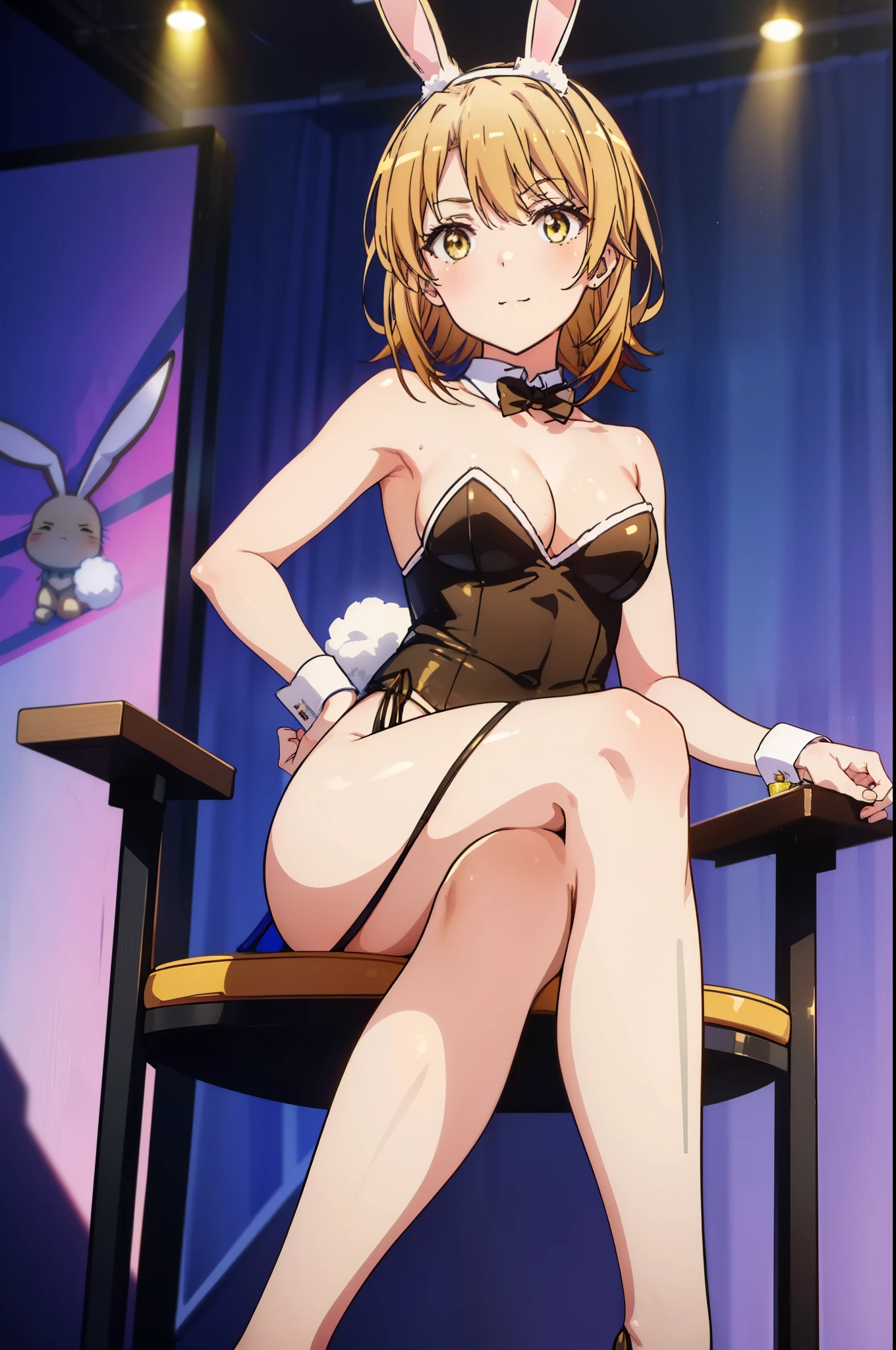 irohaisshiki, iroha isshiki, short hair, brown hair, (brown eyes:1.5), smile,Yellow leotard,yellow rabbit ears headband,Fishnet tights,stiletto heels,(Bunny girl:1.5),(yellow playboy bunny:1.0),sexy pose,sitting cross-legged on a chair,So that the whole body goes into the illustration,mirror ball,
break indoors,on stage,
break looking at viewer,
break (masterpiece:1.2), highest quality, High resolution, unity 8k wallpaper, (figure:0.8), (detailed and beautiful eyes:1.6), highly detailed face, perfect lighting, Very detailed CG, (perfect hands, perfect anatomy),