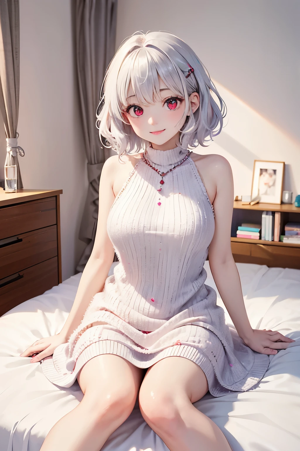 best quality, 8k, RAW photo, incredibly absurdres, extremely detailed, beautiful woman, happy, smile, shy, iridescent white messy wavy short hair, (wind), wearing fluffy long-pile knit long pastel color dress, superlative body proportion, relax in the room, variety of visual styles that combine various artistic elements like a sparkling rainbow, BREAK , shining metallic red eyes