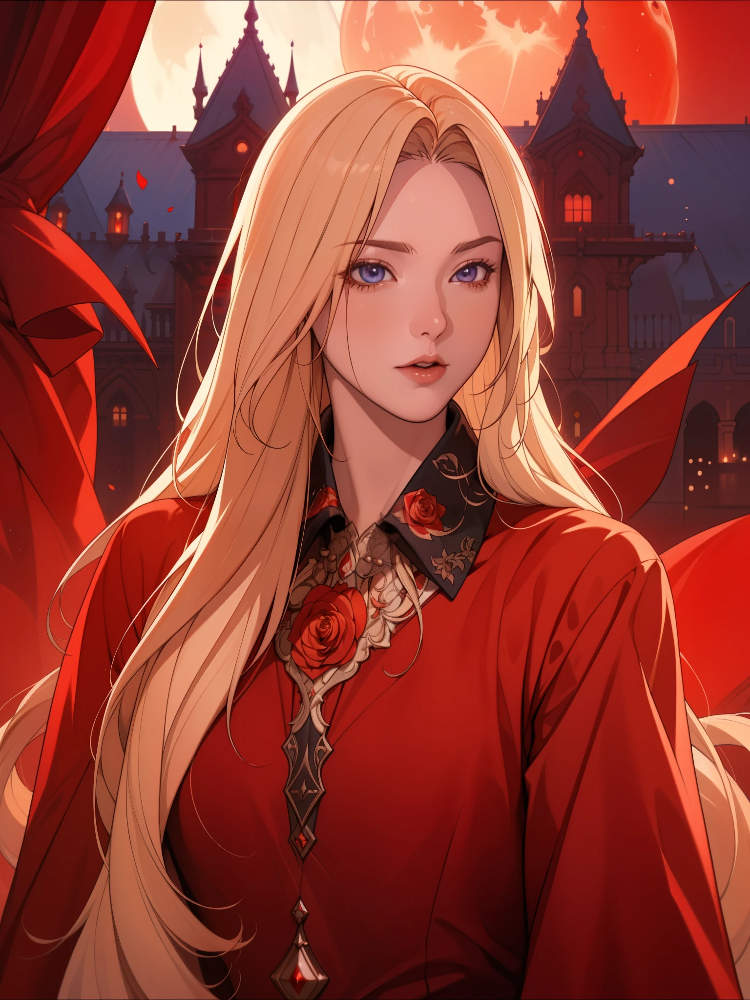 masterpiece, highest quality, (focus only), (perfect face:1.1), (high detail:1.1), (highly detailed eyes), dramatic, 1 person, (white skin), long blonde hair, (red irises), personal focus, vampire, long hair, moon, night, red luxury suit, swollen lips, city, detailed background, Art by artgerm, cinematic lighting, red rose, fashion