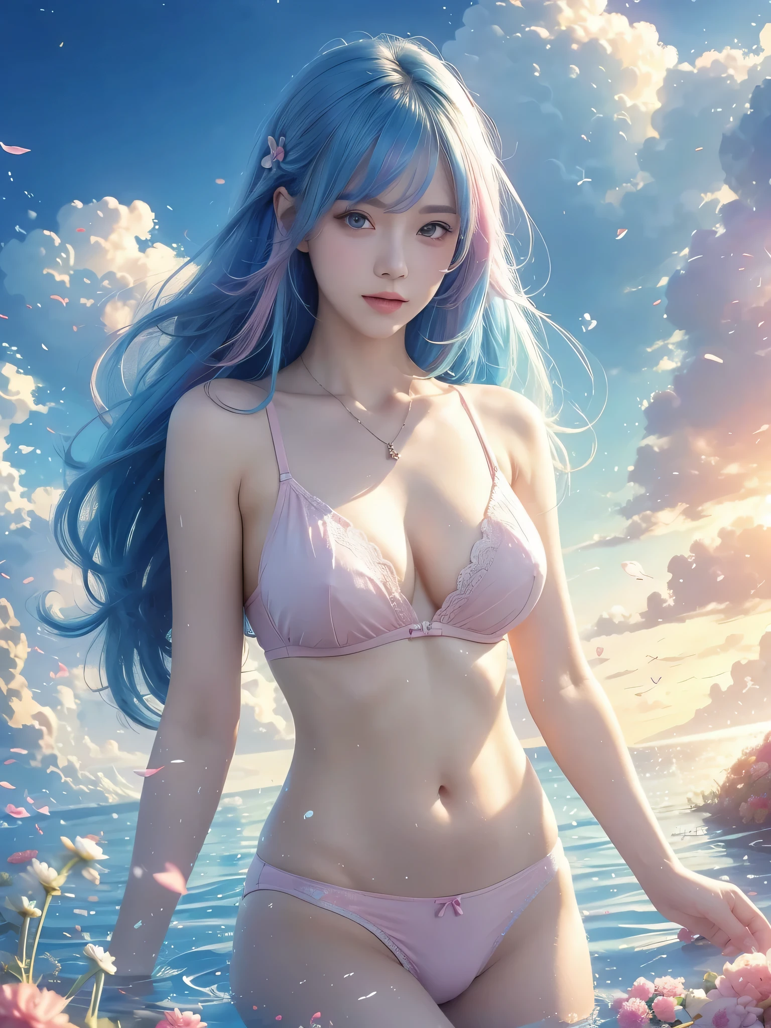 quickly:watercolor painting,fly in the sky,girl portrait,silver gradient hair,(Silver hair:1.1),(light blue hair:1.1),(Pink hair:1.2),Nipple free clothing,strapless bra,look back,thong,three sided view,Breasts exposed,Big breasts