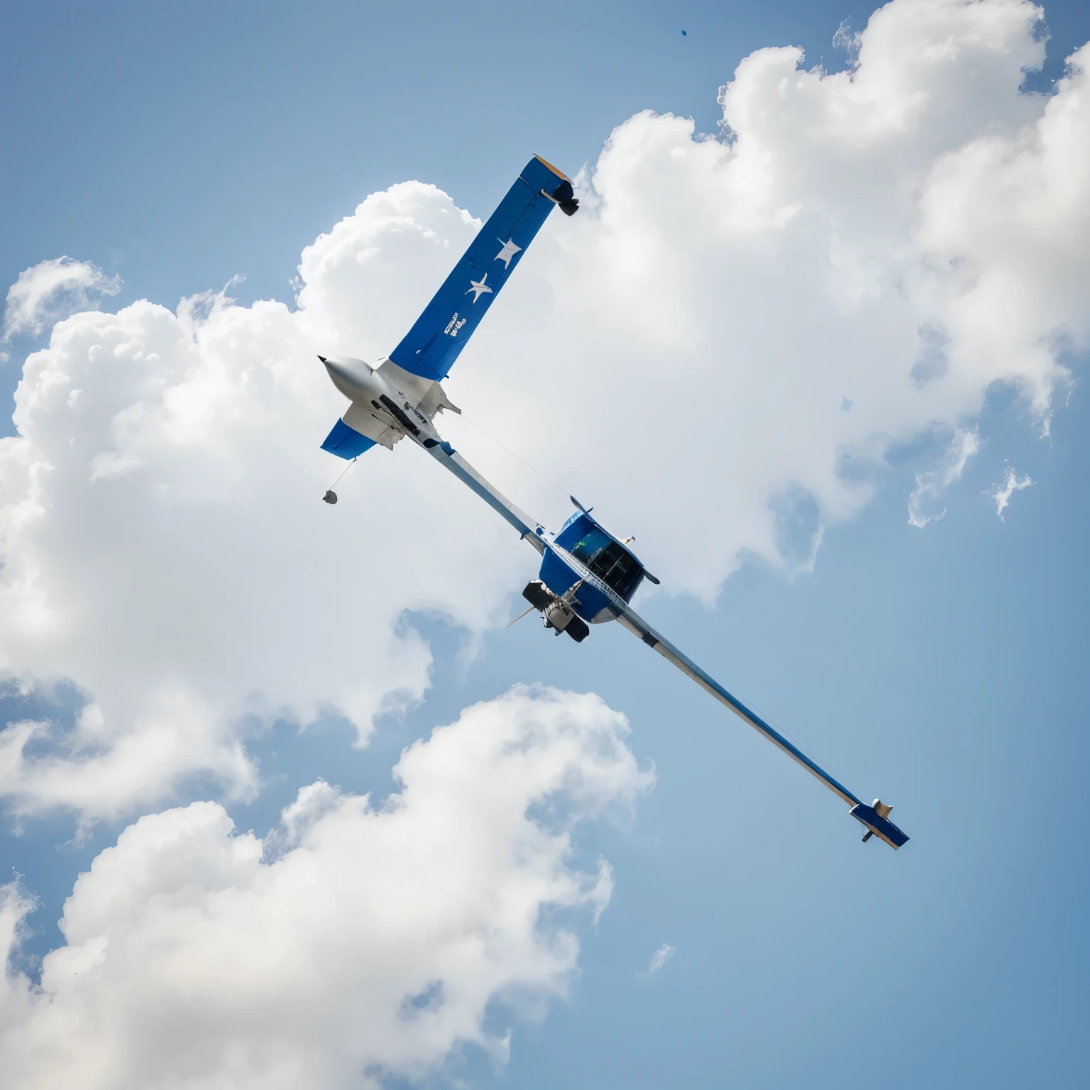 Make me a logo with a blue background of a on top of a small plane trying to reach a star (that the has no background, that it is totally white, that it has no colors, only white)