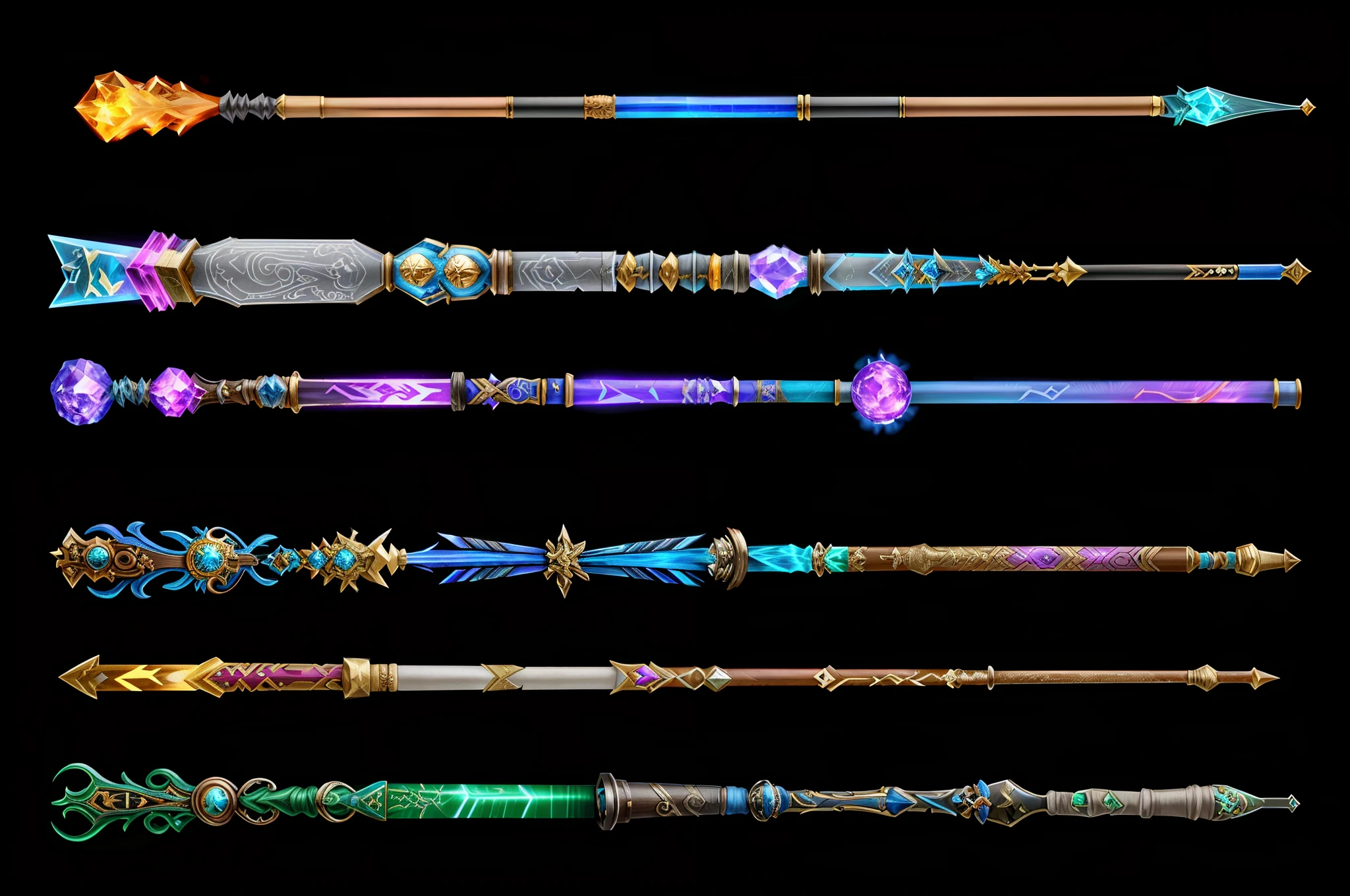 a close up of a bunch of different colored weapons on a black background, wizard magic staff, wands, magic artifacs and magic weapons, magic staff, fantasy rpg weapon art, warcraft blizzard weapon art, epic fantasy weapon art, wand, magic wooden staff, rpg game inventory item, magic wand, fantasy weapon, draconic staff, magic spells and weapons