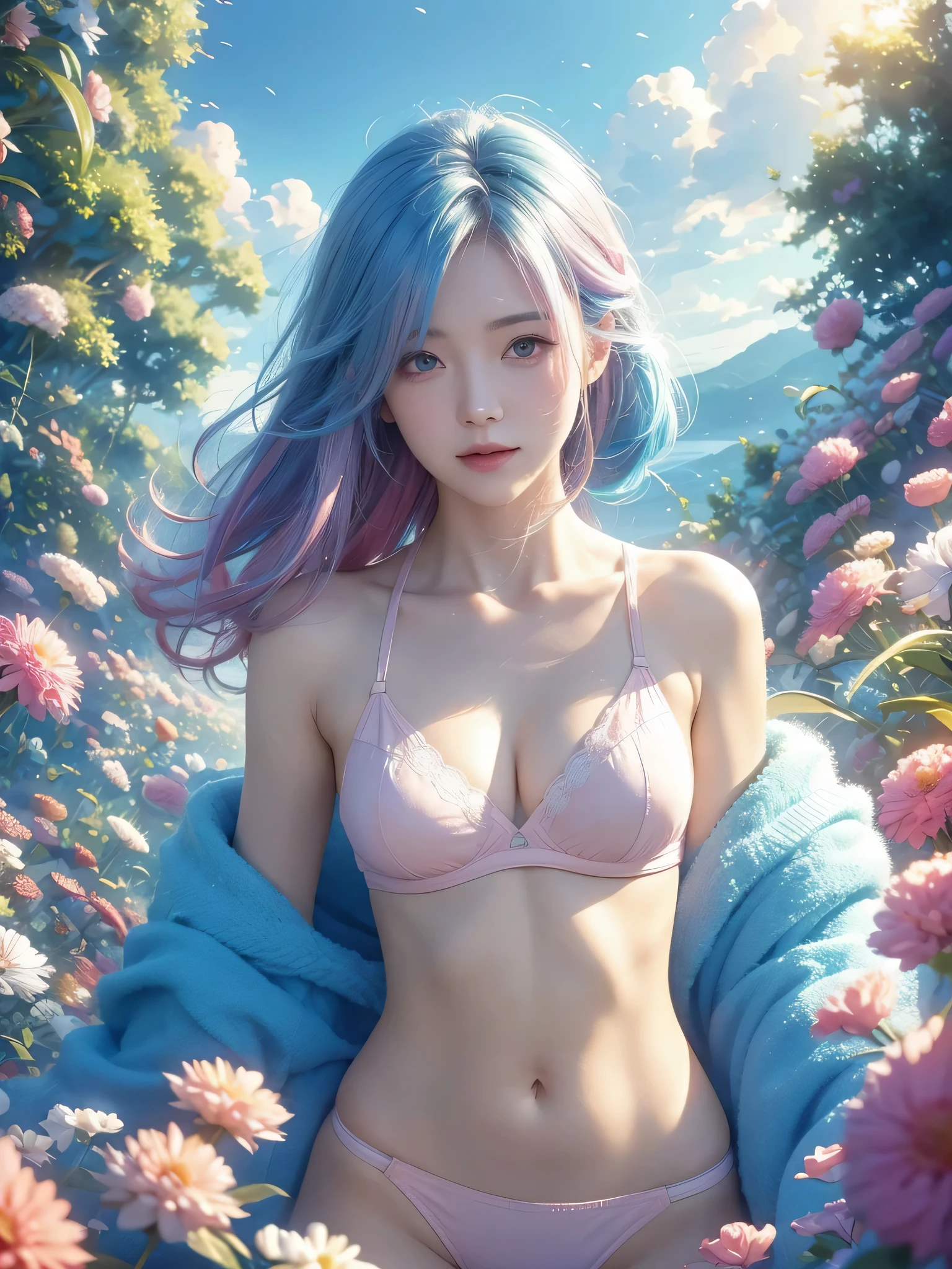 quickly:watercolor painting,fly in the sky,girl portrait,silver gradient hair,(Silver hair:1.1),(light blue hair:1.1),(Pink hair:1.2),Nipple free clothing,strapless bra,look back,thong,three sided view,Breasts exposed,Big breasts