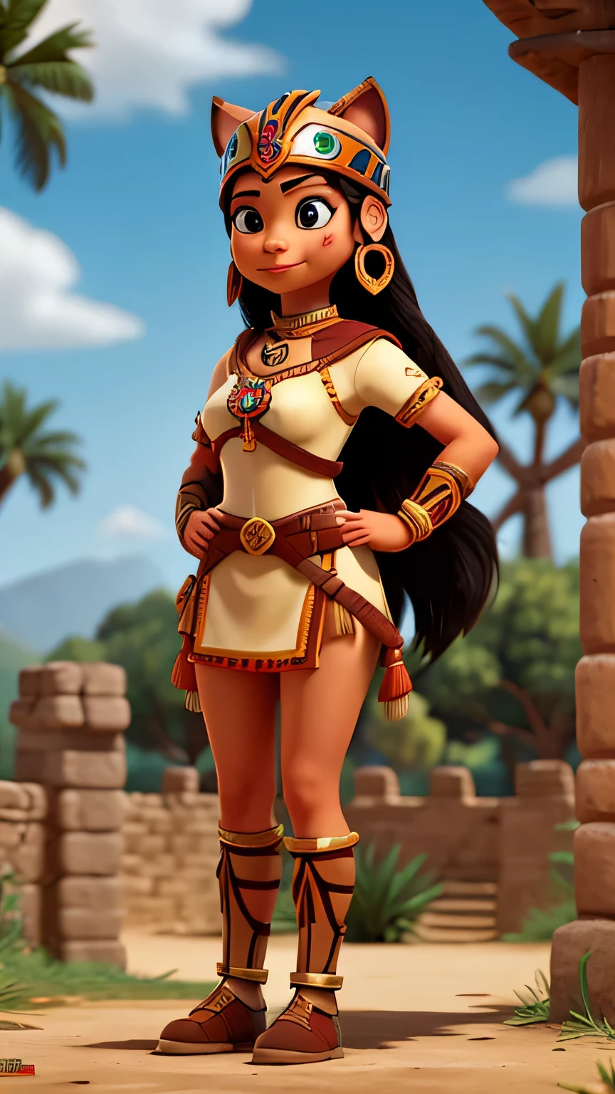 year 1455 aztec warrior woman, gato, equipo, costume according to the era, full body position t , cascos en forma de jaguar, hd, ,Cara feliz