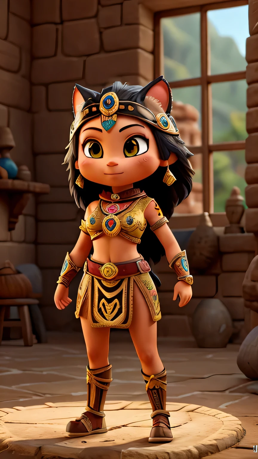 year 1455 aztec warrior woman, gato, equipo, costume according to the era, full body position t , cascos en forma de jaguar, hd, ,Cara feliz