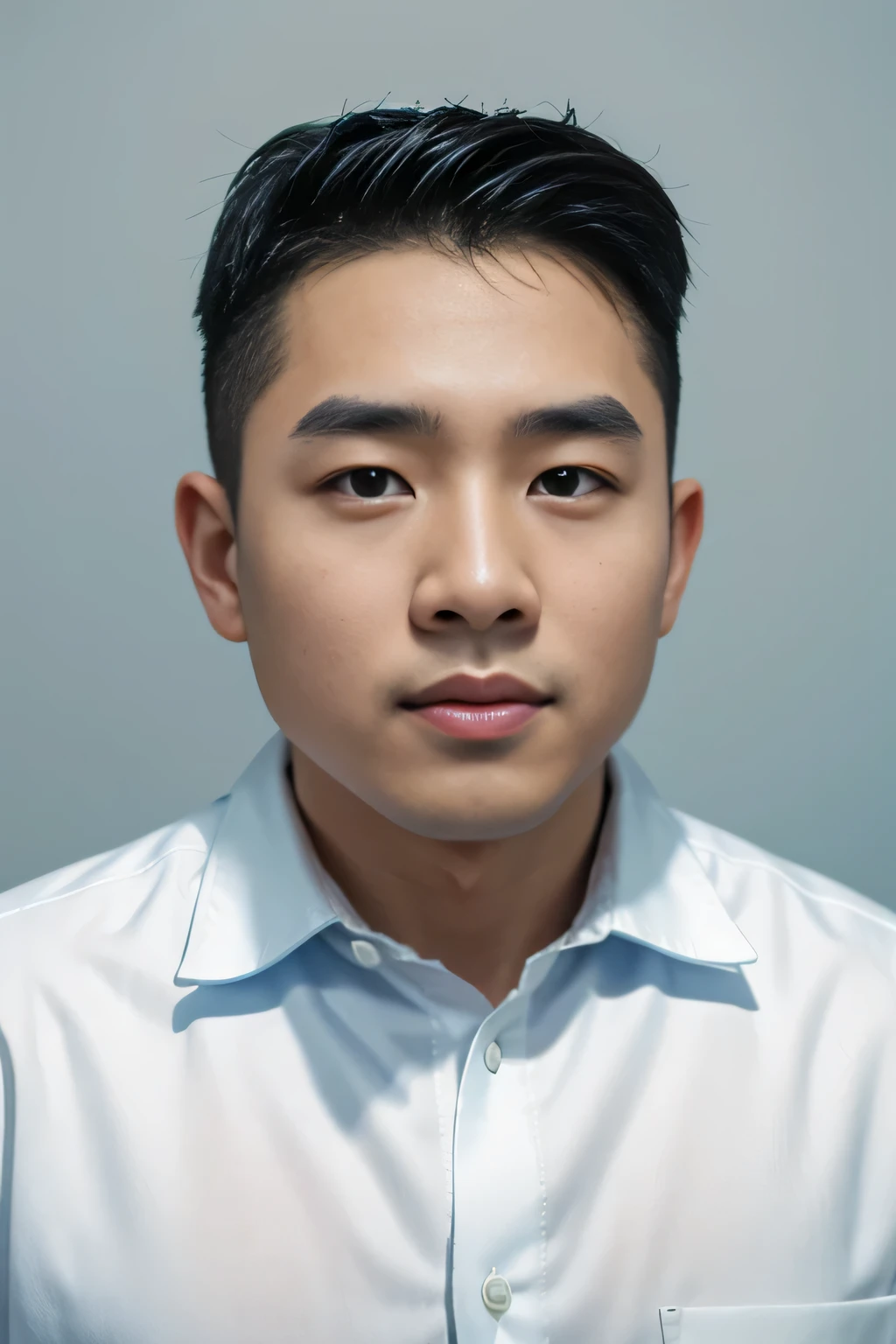 Highly realistic photo, ((masterpiece), (best quality), (raw photo), (photorealistic:1.4), Portrait of Vietnamese man, 25 years old, ((black hair)), ((white shirt)), ((light blue background)), photo taken by Sony A7IV