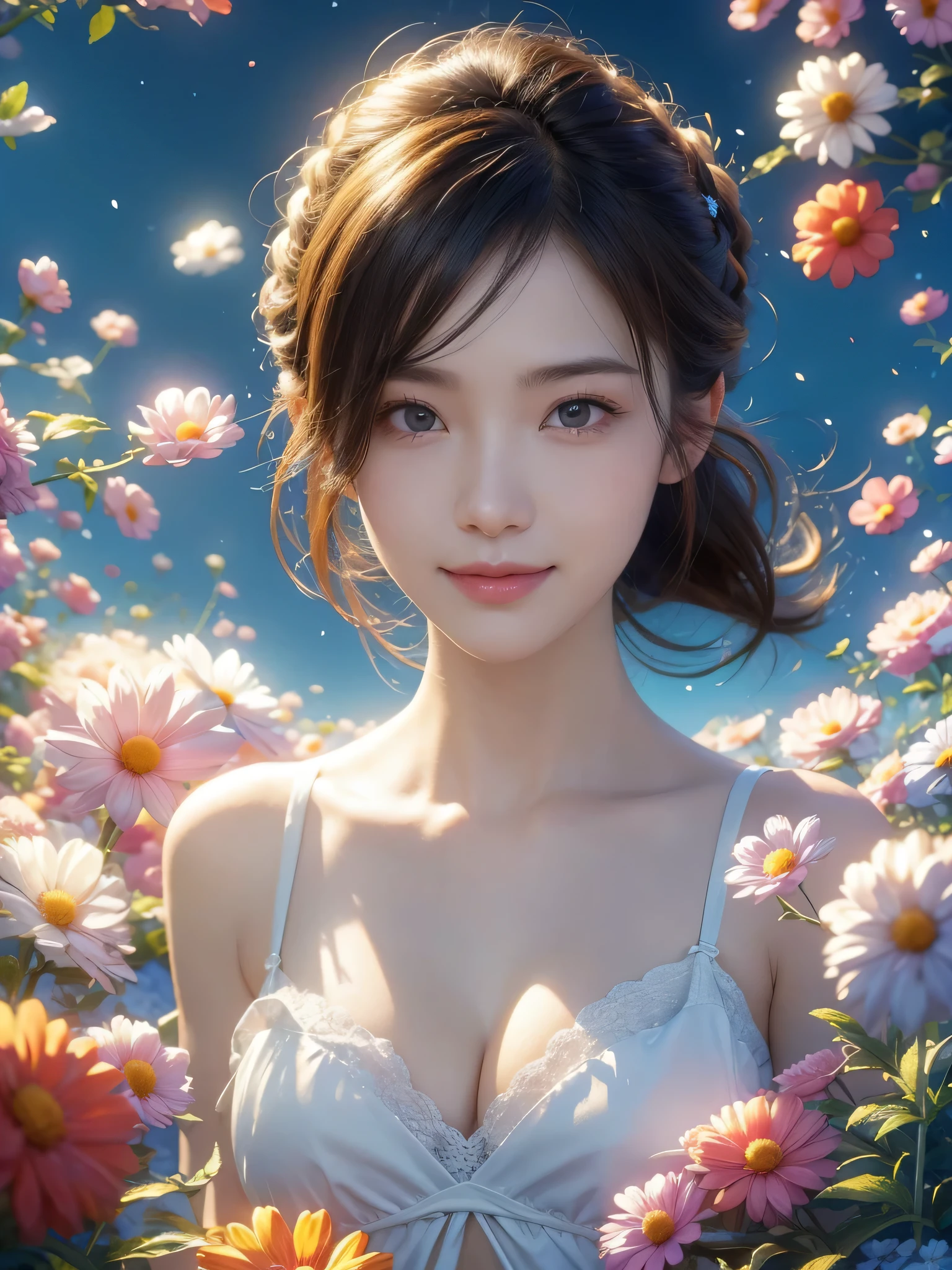(best quality:1), (high quality:1), detailed/(extreme, high, extremist/), actual, studio lighting, bright colors, 1 girl/(beautiful, Beautifully, perfect/), Face, breast/(split/), depth of field, looking at the audience, Smile, flower