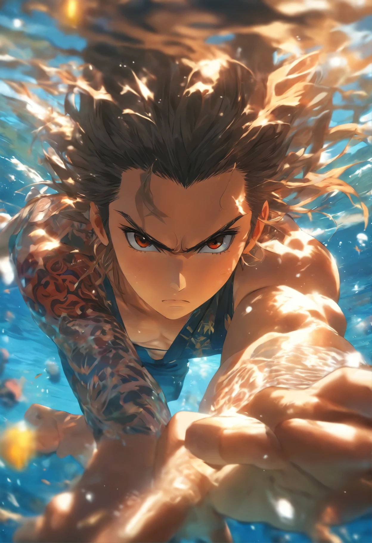 foreshortening, depth of field, masterpiece, best quality, yakuza, brown hair, brown eyes, long hair, underwater, air bubble, solo, looking at viewer, school swimsuit, swimming, dappled sunlight,