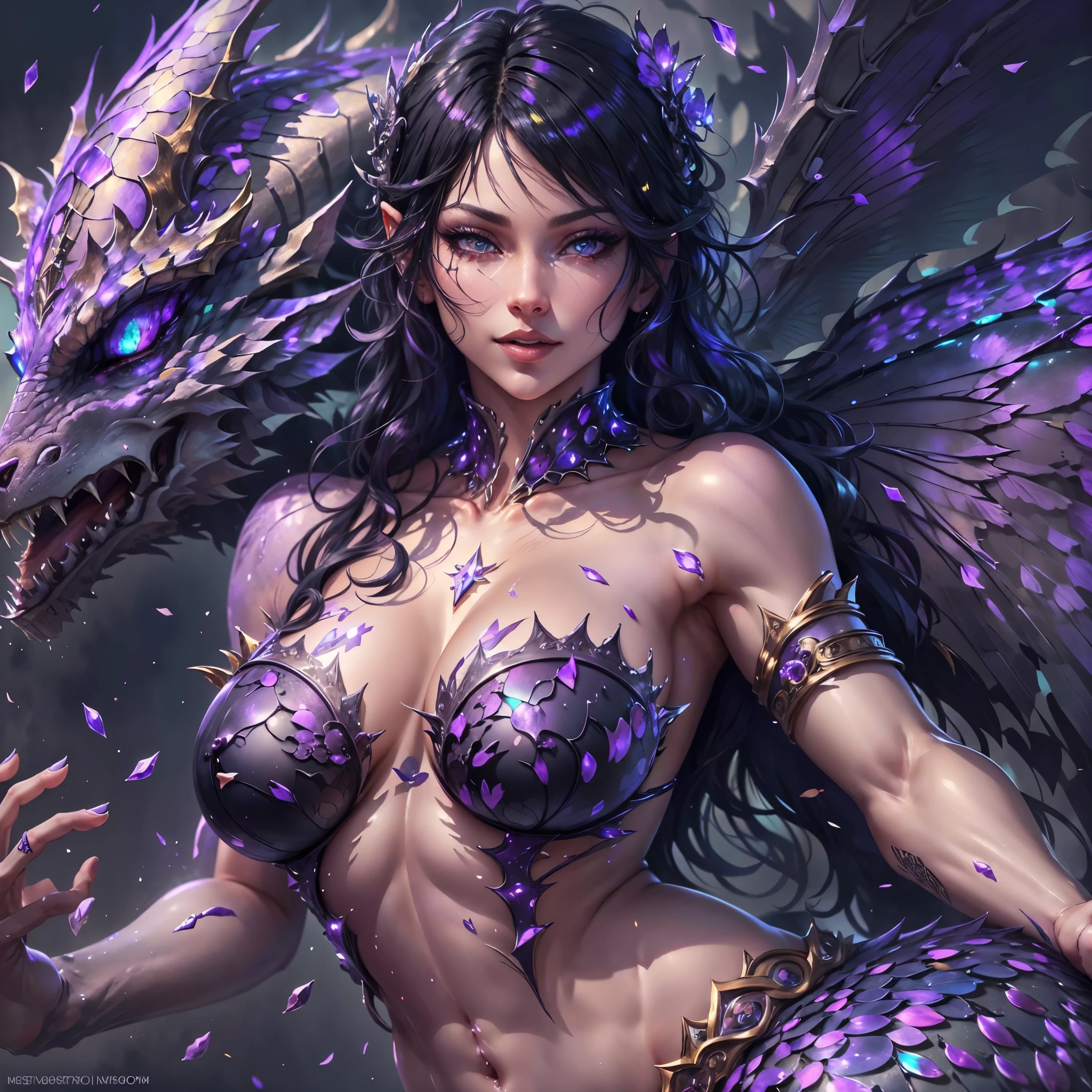 (best quality,4k,8k,highres,masterpiece:1.2), ultra-detailed, realistic,  sexy dragon woman with black sparkling scales, skin is onyx black scales, short wavy platinum hair, very playful but mischievous smile, huge tits, gigantic breasts, , , detailed , detailed vulva, detailed , sexy pose, spread legs, spread  lips, playful, multi-coloured eyes, heterochromia, lustful