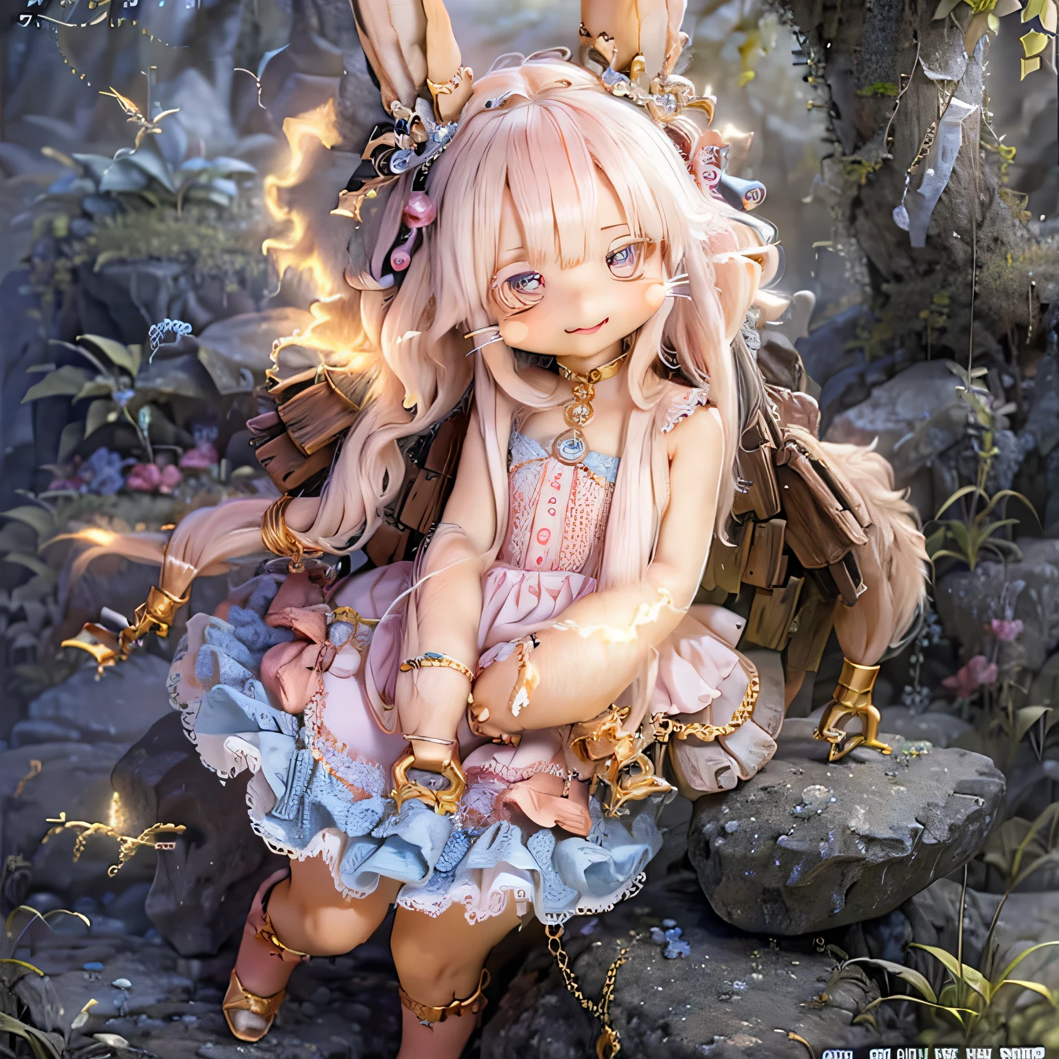 in the garden, smiling girl, Looks like Nanachi from Made in Abyss. she is beautiful, fine eyes and lips. A girl is depicted、 (((chibi style,))) . Image quality is top quality, With highly detailed and realistic features. The artwork medium combines illustration and photorealistic rendering. Vibrant colors and lighting create a warm and cheerful atmosphere Casual Full Body(((((Cute pink dress)))))