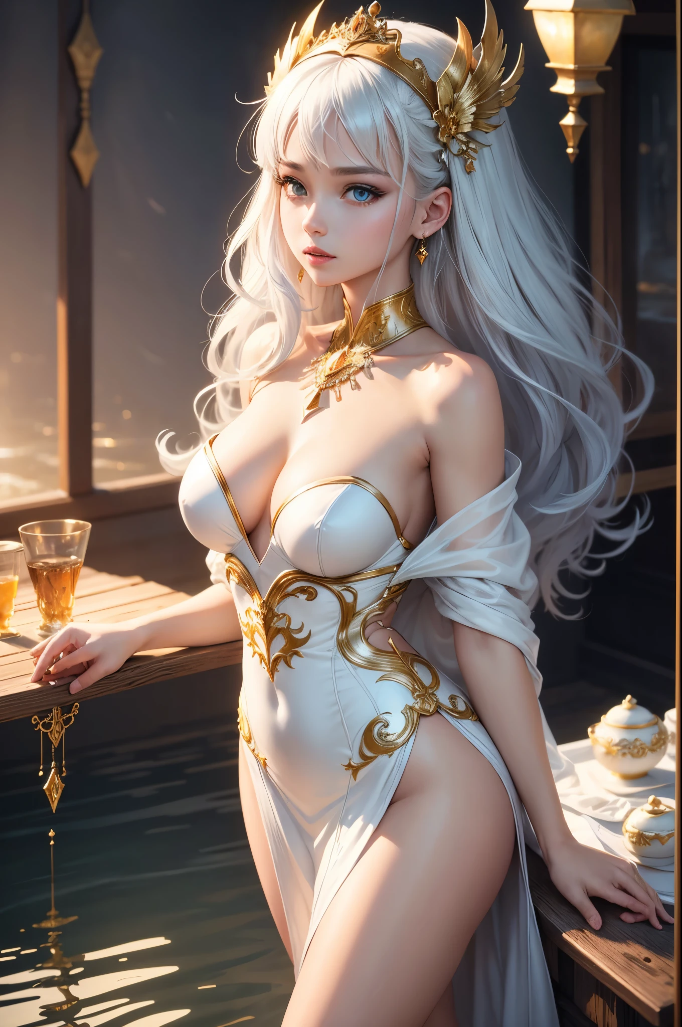 The goddess is an invincible masterpiece, Super real photos, perfect work of art, intricate details, best quality, Bright light, high contrast, White and gold dress with white and gold robakina:1.2)(on the table) , (best quality) , (Highly detailed wallpaper CG Unity 8k) , (Best character details:1.36), wetlands, oppressive sky, Baiyun , (Fine lines:1.24), ([The mirror reflects water]:1.37) , (fantasy) , cumulonimbus , (The depressing atmosphere of the host:1.14) , (cold light:1.2) , splash of color , rich and colorful, Whole BodyEsbian,White background, delicate eyes, beautiful eyes, delicate eyeshadow, golden eyes, red lipstick, Variza, hair accessories, simple background, Cube hair accessories,Gray Bob Short Hair, 1 lady, high quality　real skin　ultra high resolution