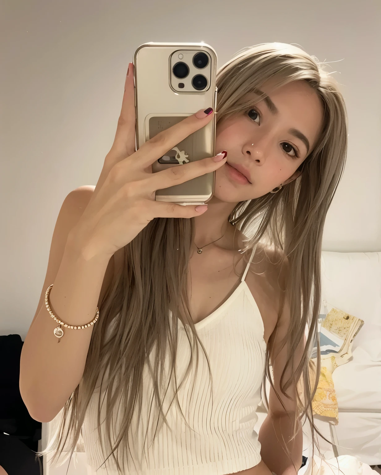 Brown long straight hair,Middle-parted bangs,Natural and beautiful hair,Background marble tiles,Simple and clean