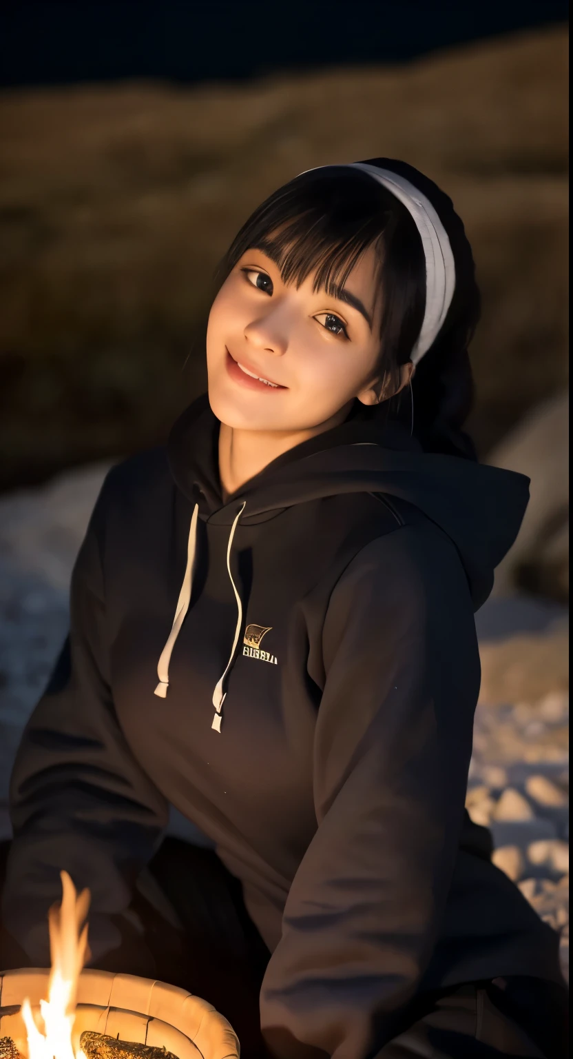 (highest quality,8k,masterpiece:1.3,),(ultra high resolution,Photoreal:1.4,RAW photo),(Super detailed,shiny skin,delicate skin),(detailed face,perfect anatomy,Coasty Cake making a bonfire in the mountains),sitting behind the bonfire,cute,18-year-old,Japanese,Japanese ID,smile,look at the camera,black haired,short ponytail,big breasts,(hooded hoodie),long pants,the night deepens,starry sky,(light a bonfire),(bonfire focal point),Low - Angle,
