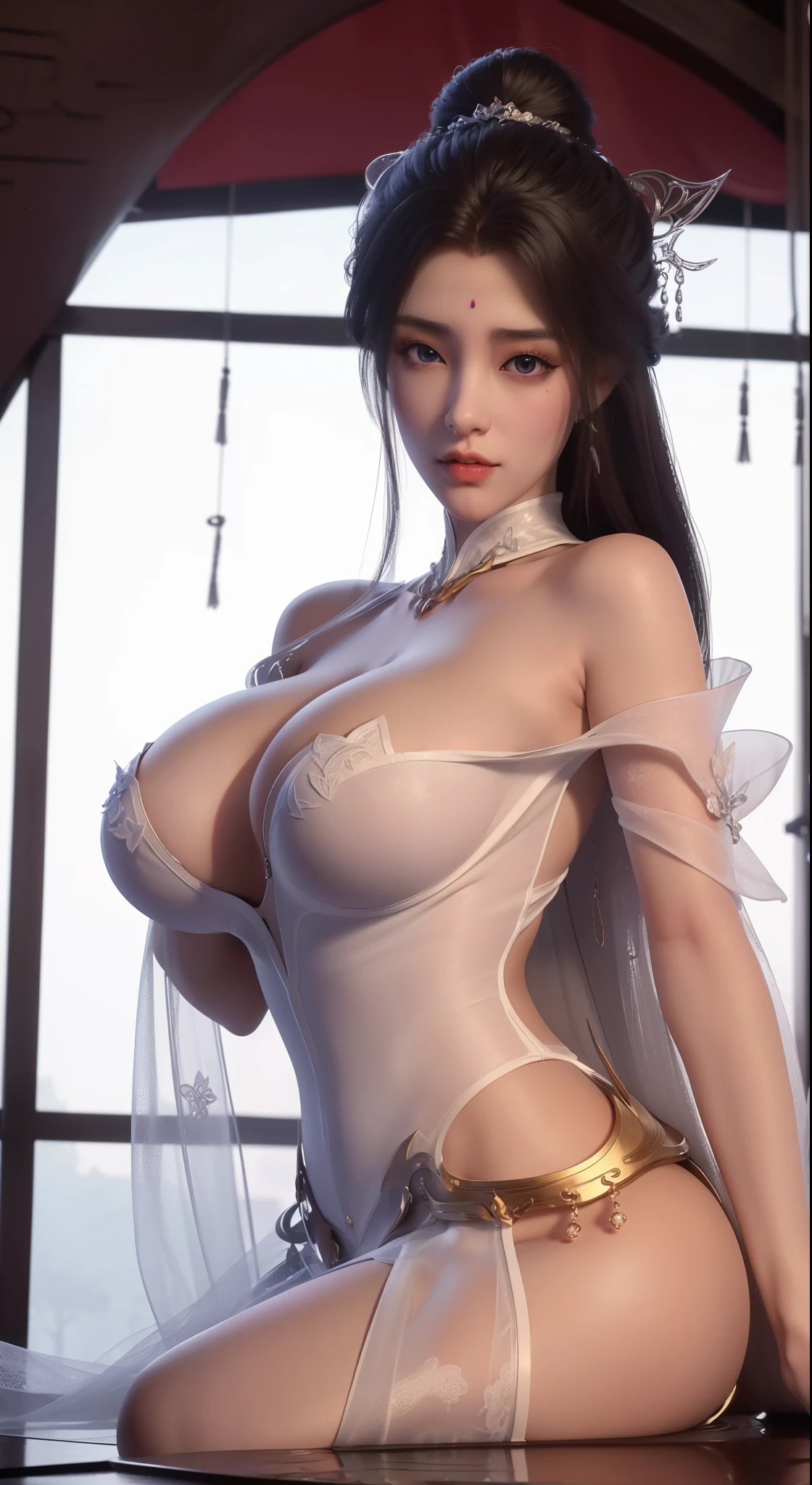 ((NSFW)),((huge cleavage:1.5),Arad woman in white dress standing near windowsill, Cute anime waifu wearing sexy clothes, Popular topics on cgstation, 8k high quality detailed art, Wet transparent white anime barbie doll,Soak the body, Very detailed and beautiful fan art, Very detailed artgerm, anime girl squat, flowing magic robe, Beautiful and seductive anime woman, WLOP 和 Sakimichan