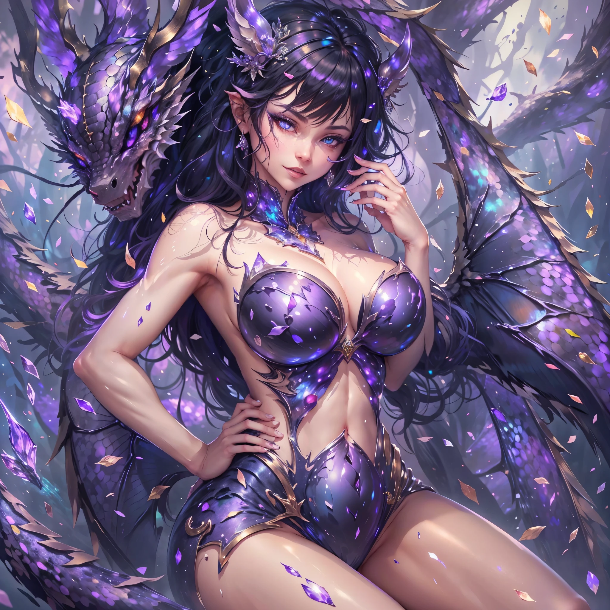 (best quality,4k,8k,highres,masterpiece:1.2), ultra-detailed, realistic, naked sexy dragon woman with violet glittering scales, skin is glittering amethyst purple scales, medium length black hair, very playful but mischievous smile, huge tits, gigantic breasts, naked, nude, detailed crotch, detailed vulva, detailed pussy, sexy pose, spread legs, spread pussy lips, playful, bi-coloured eyes, heterochromia, lustful