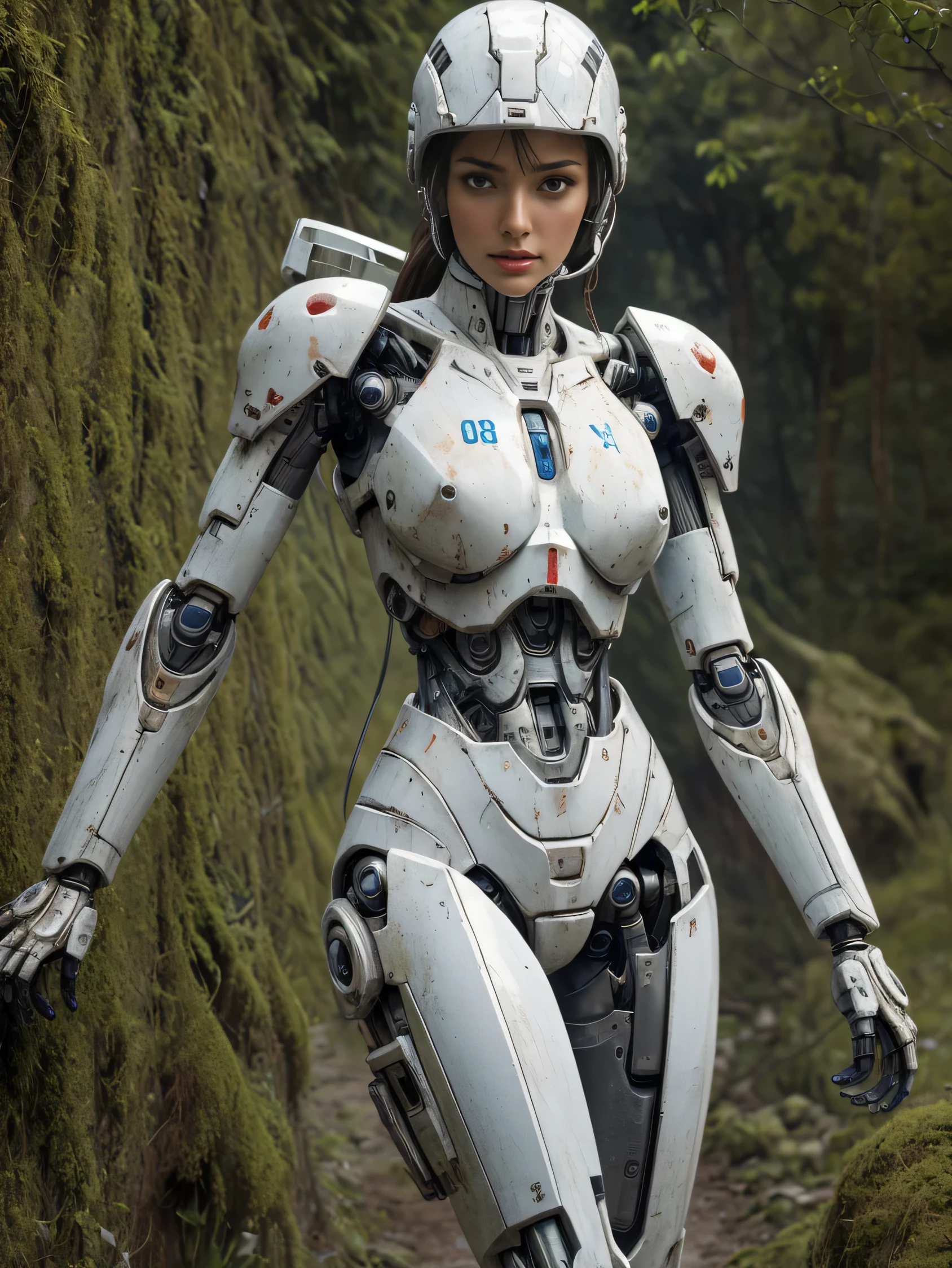 ((masterpiece, highest quality, Highest image quality, High resolution, photorealistic, Raw photo, 8K)), Abandoned robot soldier on battlefield, broken and immobile, rust and moss showing passage of time, female cyborg body, female body, biomechanical , extra detailed body, blowjob white mech, white biomechanical details, detailed body, shiny white armor, cybernetic body, eva unit-00 on back, full body details, 