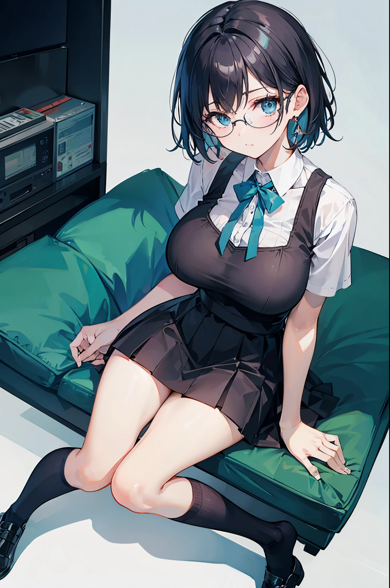 1 girl, glasses, sitting, (slim body:1.2), (huge breasts:1.3), (slender and long legs:1.2), black hair, short hair, white short sleeve shirt, pleated skirt, (dark blue socks:1.1),