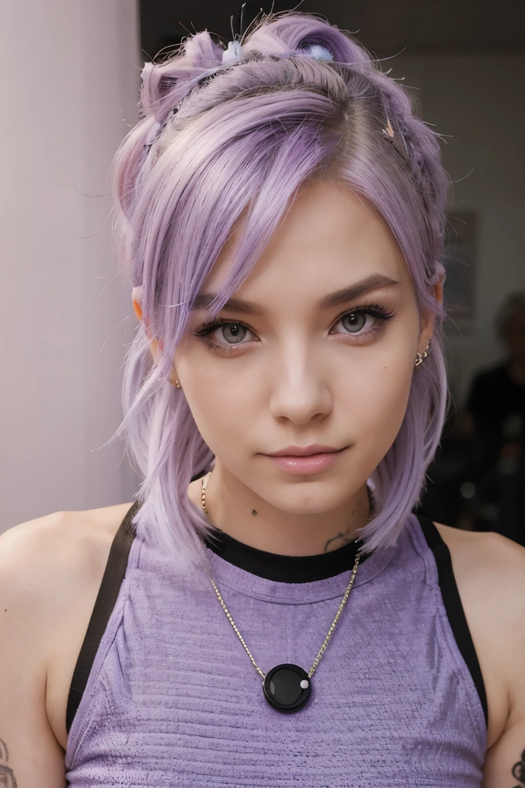 ash blonde to pastel purple trendy hair do, cute and futuristic looking facial piercings