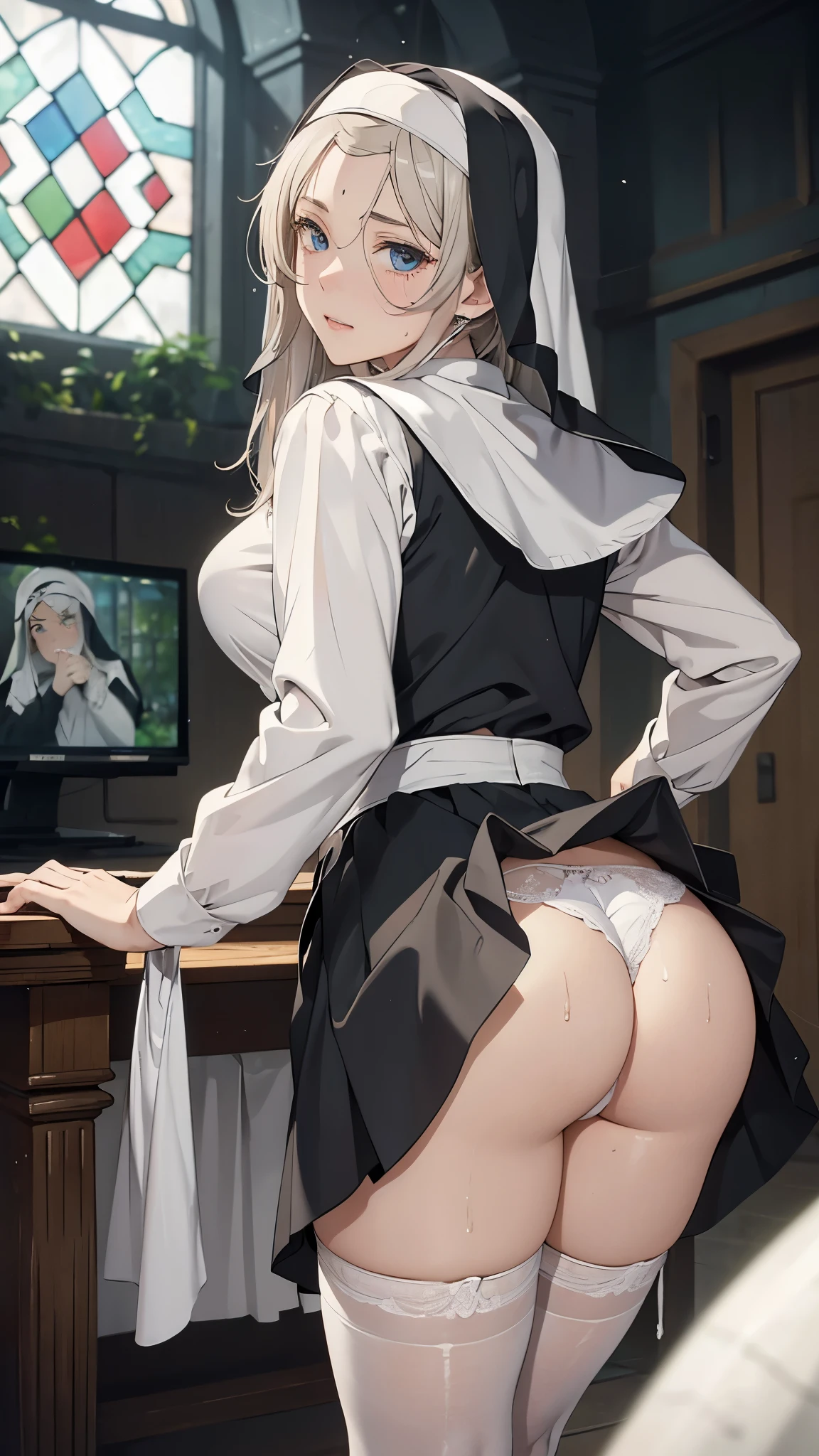 (masterpiece: 1.3), (maximum resolution: 1.2), (ultra high definition tv: 1.2), cinema light, 8K resolution, detailed facial features, focus on the face,perfect style, cute face, Accurate, anatomically correct, fine eyes,beautiful目、 shiny skin, Fair skin, Glossy skin、glossy lips、 (embarrassed look: 1.2),woman 、25 years old, Retrospective shot of rear loam、angle from below, Low - Angle, from behind, beautiful, (skirt lift:1.4), loose and wrinkled white panties, stockings, blush、humiliation、impatience、tears、embarrassing、surprised expression、expression of anger、disgusting face、 (Nun Uniform:1.3)、apron,full of sweat、blonde、silver hair、blue eyes、green ash eye、soaking wet、flowing sperm、Sperm in the ass、sperm on thigh、flowing sperm(attractive ass:1.2),、exposed panties、disheveled clothes、shortcut、church、Stained glass、