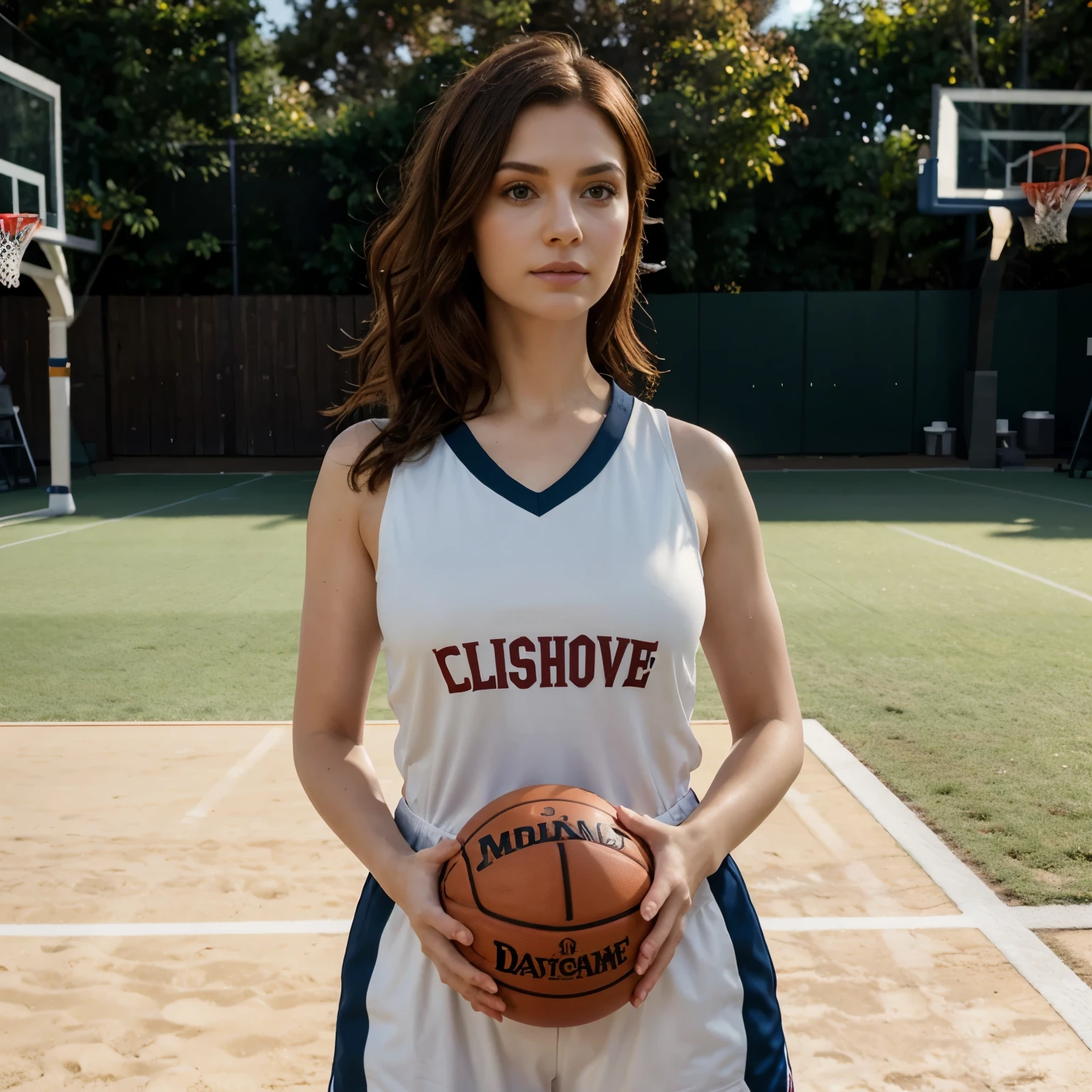 Masterpiece, (Morena Baccarin:Christina Hendricks:0.5), wearing basketball outfit, day time, in basketball court background, calm and frosty, detailed body, detailed face, brown hair, gorgeous, ultra realistic, charming, cute, medium hair, ambient lighting, bright sunny day, detailed background, volumetric lighting, shadow, 8k, playing basketball 