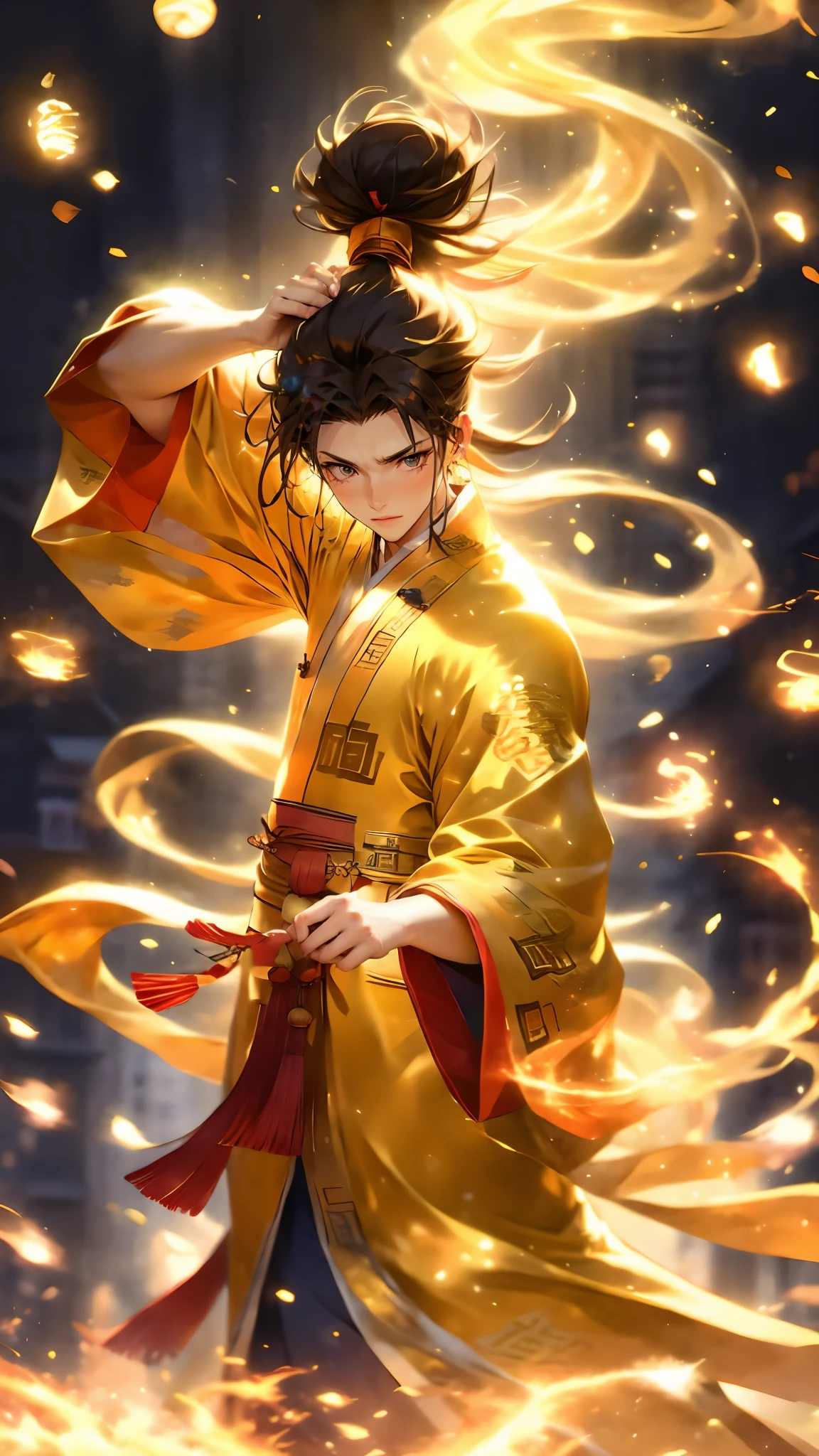 (masterpiece, best quality:1.2),Wen Dao Sheng Zun,1boy,Golden Energy,Golden Theme,Energy Surrounding, blue eyes,Light particle effects, dusk, electricity,Dynamic pose,Surrounded by energy,Fallen leaves emitting golden light,High ponytail,Multiple light spots,Golden Energy Fluid,Golden flame,Upper body,Golden Hanfu,Hanfu, gradient sky, magic, male focus, orange background, orange theme, pyrokinesis, smoke, solo, sparkler, twilight, wide sleeves