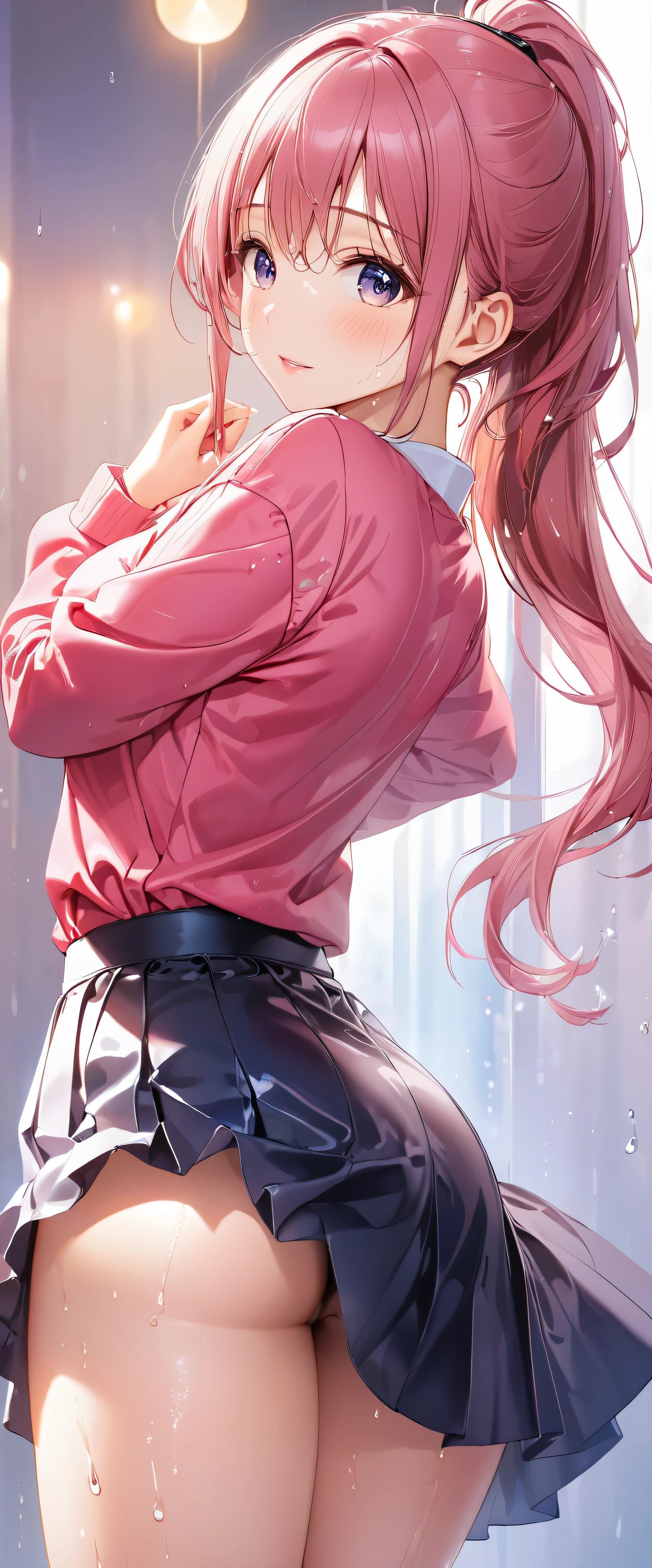 (masterpiece,highest quality,超A high resolution),japanese woman, (((Very beautiful 25 year old girl))), pretty girl、look at the photographer、 ((beautiful low ponytail)), super cute face, glossy lips, double eyelids in both eyes,natural smile、 natural makeup, long eyelashes, shiny smooth hair、center image, perfect limbs, perfect anatomy,(((Tight Skirt)))、(((look back)),wet with sweat,