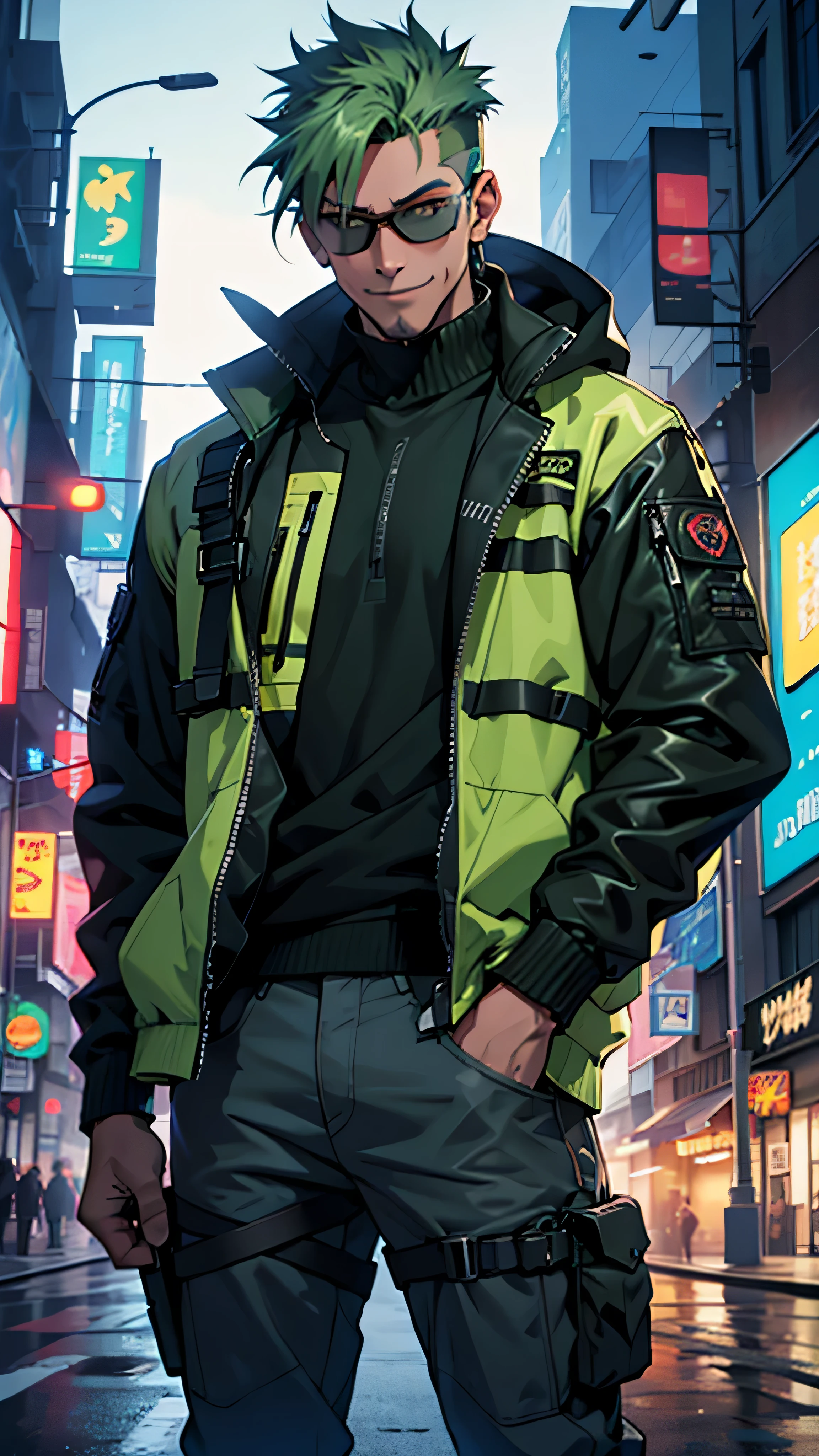 1 person, Tactical Jacket, City of night, put your hands in your pockets, tactical clothing, green hair, smile, anime, cyber punk, machine gun, Glasses, ハイパーrealism, realism, moving line, anime, Hmm, Accurate, highest quality, 8k, Super detailed, advanced details, anatomically correct, masterpiece
