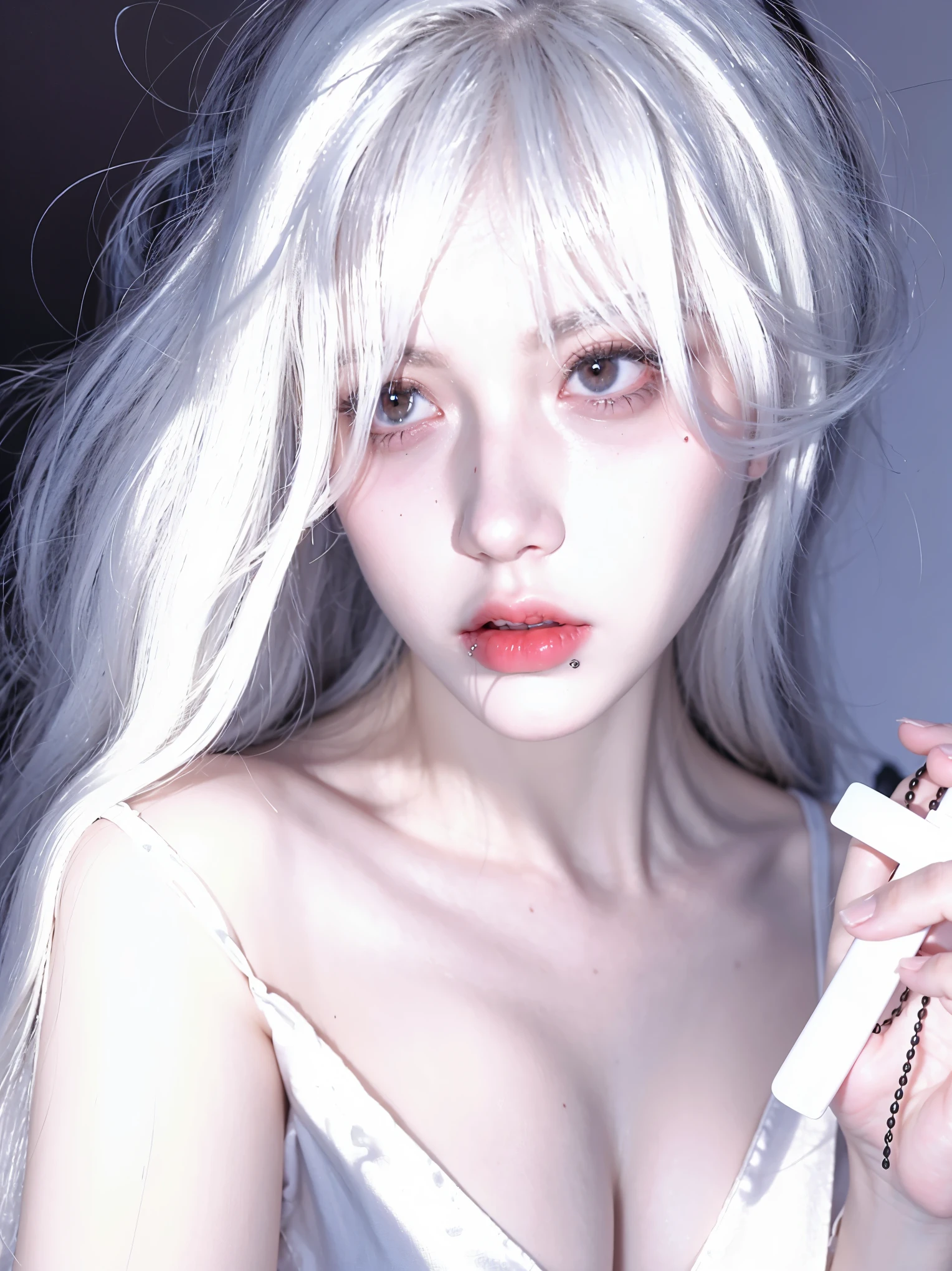 blond haired girl with white hair and red eyes holding a toothbrush, pale young ghost girl, with glowing red eyes, with red glowing eyes, scary look, vampire girl, pale white face, pale porcelain white skin, cruel korean goth girl, with red eyes, girl with white eyes, pale goth beauty, kerli koiv as anime girl, zombie with white eyes