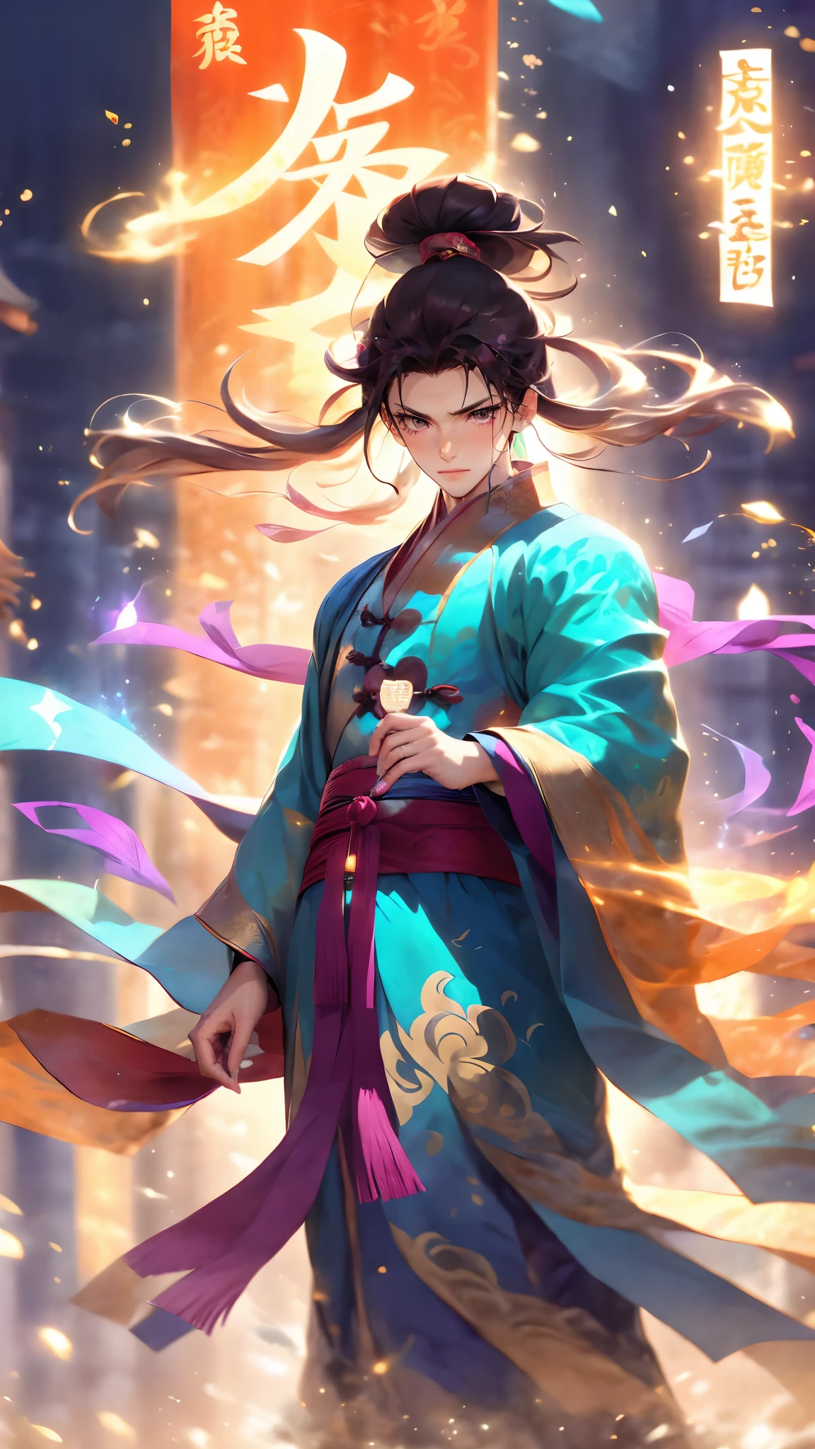 (masterpiece, best quality:1.2),Wen Dao Sheng Zun, black hair,1boy, blurry background,Multi energy text,Energy pairing,Glowing Text,Transparent text,The Energy Behind Chinese Characters, chinese clothes,smoke, closed mouth,Multiple light spots,Combat posture,Purple Theme,Purple and blue Hanfu,Upper body,Red belt,Purple Energy Couplet,dawn, electricity, fire, hair ornament, long hair, long sleeves, looking at viewer, magic, male focus, pyrokinesis, solo, standing, wide sleeves,Bundled hair,wind