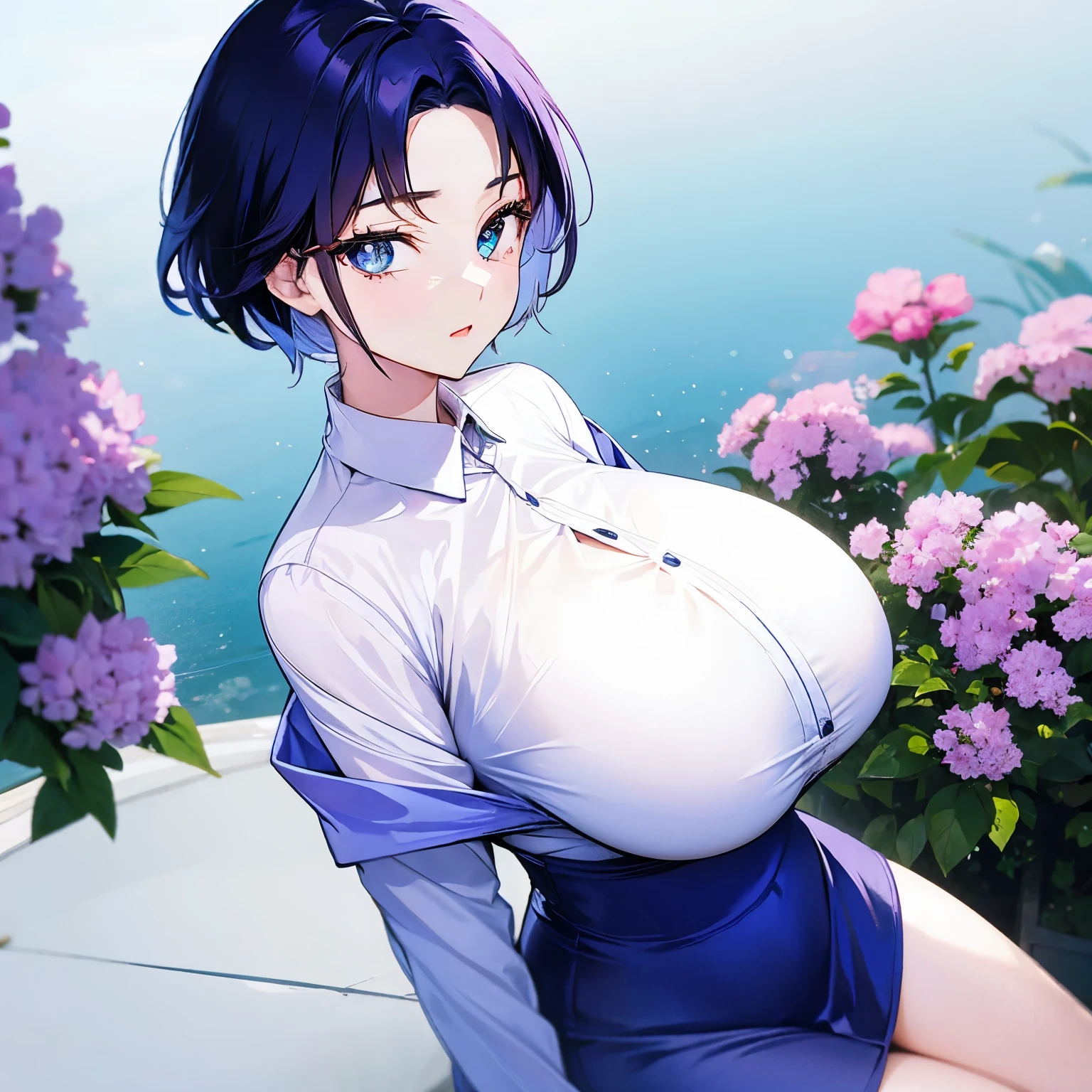 Beautiful hot korean girl with a big breast , wearing a clothes, short hair, blue eyes