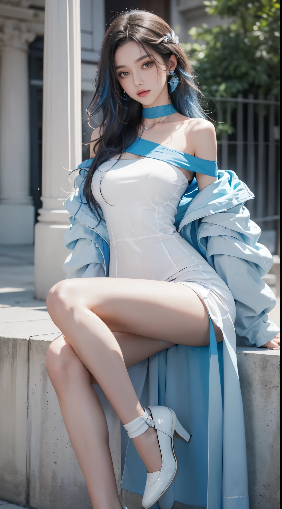 (the street:1 girl with blue hair,Get up,One word step+), tmasterpiece, Best quality, RAW photos, realistically, the face, Incredibly ridiculous Resourcetra long brown curly hair around the ears),eye shadows,techwear outfits,(White off-the-shoulder over-the-knee dress),White off-shoulder long dress,(White tight flats,depth of fields, A high resolution, ultra - detailed, filigrees, RAWE is very detailed, The details of the eyes and face are very rich, Sharp pupils, realistic student, lock focus, light,Full body lesbian,The large,The legs look very long from the front,dynamicposes,Normal posture,closeup of face