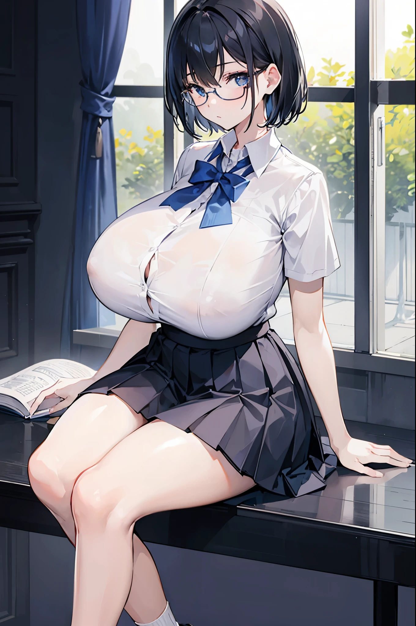 1 girl, glasses, sitting, (slim body:1.2), (huge breasts:1.3), (slender and long legs:1.2), black hair, short hair, white short sleeve shirt, pleated skirt, (dark blue socks:1.1),