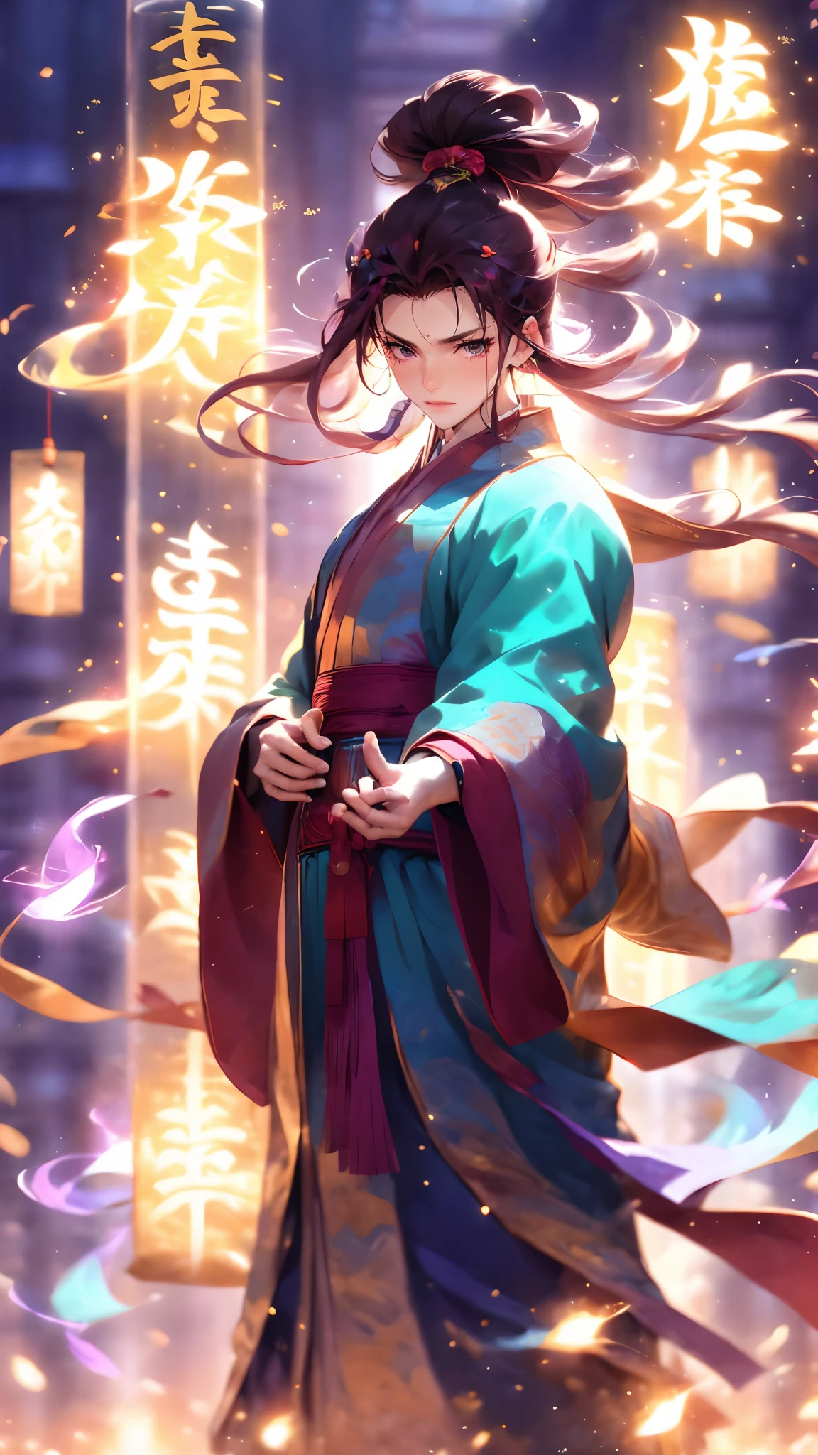 (masterpiece, best quality:1.2),Wen Dao Sheng Zun, black hair,1boy, blurry background,Multi energy text,Energy pairing,Glowing Text,Transparent text,The Energy Behind Chinese Characters, chinese clothes,smoke, closed mouth,Multiple light spots,Combat posture,Purple Theme,Purple and blue Hanfu,Upper body,Red belt,Purple Energy Couplet,dawn, electricity, fire, hair ornament, long hair, long sleeves, looking at viewer, magic, male focus, pyrokinesis, solo, standing, wide sleeves,Bundled hair,wind