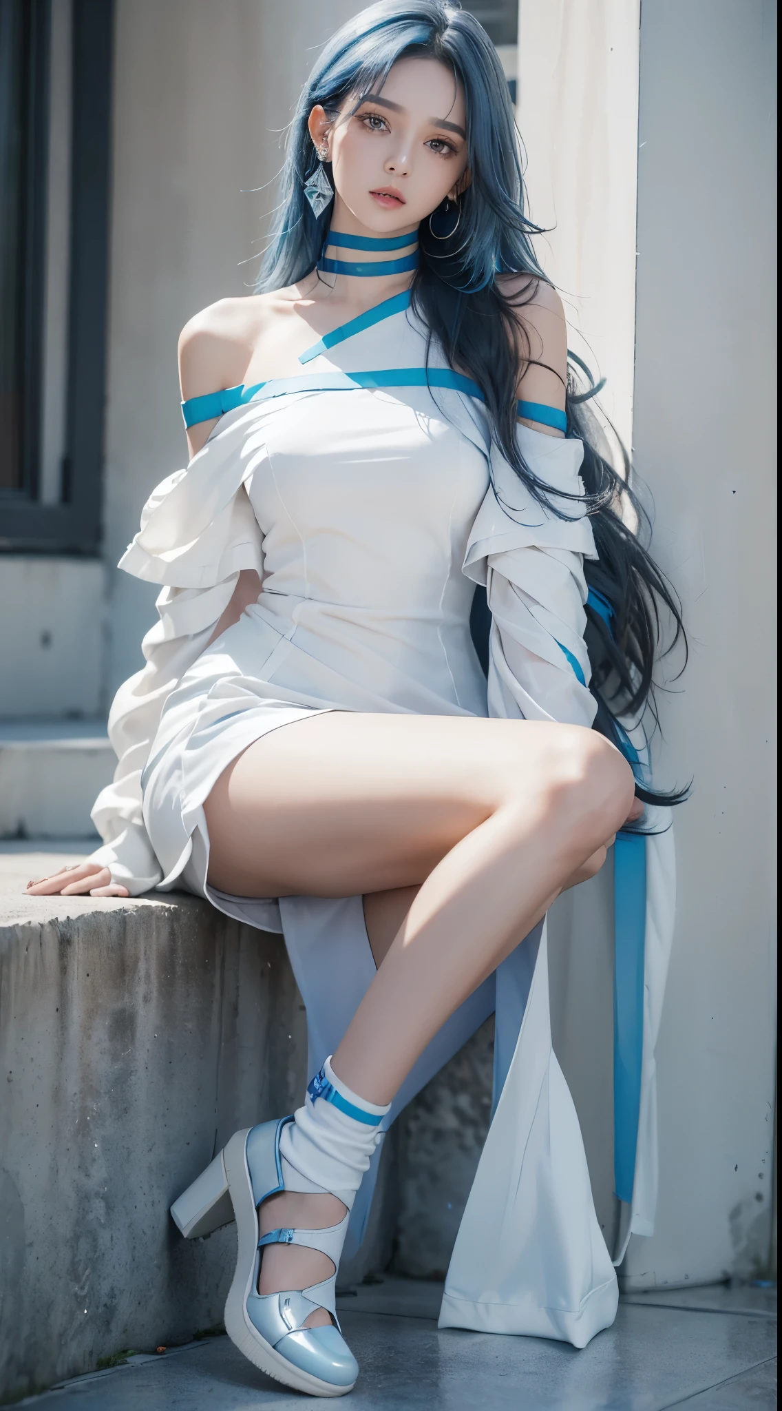 (the street:1 girl with blue hair,Get up,One word step+), tmasterpiece, Best quality, RAW photos, realistically, the face, Incredibly ridiculous Resourcetra long brown curly hair around the ears),eye shadows,techwear outfits,(White off-the-shoulder over-the-knee dress),White off-shoulder long dress,(White tight flats,depth of fields, A high resolution, ultra - detailed, filigrees, RAWE is very detailed, The details of the eyes and face are very rich, Sharp pupils, realistic student, lock focus, light,Full body lesbian,The large,The legs look very long from the front,dynamicposes,Normal posture,closeup of face