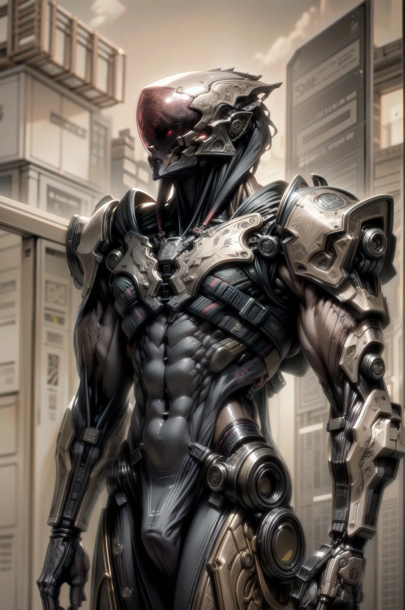 (((epic and visually stunning complex digital anime masterpiece:1.6, elegant decorated fantasy military cyborg:1.3, ((gorgeous feminine male physique:1.3, graceful:1.4)) soldier:1.3))), (((heavily muscled masculine chest:1.4, chiseled abs:1.4, heavily toned:1.4, slim yet muscular:1.3))), (((complex and beautiful:1.3, elegant:1.3, beautiful fantasy style:1.5, beautiful sleek fantasy style mechanical helmet:1.5, polarized visor:1.5))), (((elegant tactical double breasted trench coat:1.5, sleek exoskeleton:1.3))), (((form fitted armor plating:1.3, super sleek sensually revealing under suit:1.5, waist and thighs exposed:1.5)), ((flamboyant feminine essence:1.4, heavy mechanical gothic aesthetic:1.4)), ((androgynous body build)), (((toned yet heavily muscled gorgeous femboy physique:1.4, gorgeous perfectly defined muscles:1.4, toned sleek mechanical arms and legs:1.4, thick well rounded thighs:1.5, mechanical muscles))), ((((depth of field, cinematic lighting, chromatic aberration, ray tracing, UHD, masterpiece, top of head covered, super detail, high details, high quality, award winning, 8k, highres)))):1.6, (((dieselpunk, decopunk, artificial muscle))):1.6, (((beautifully engraved gothic scifi style design:1.4)))