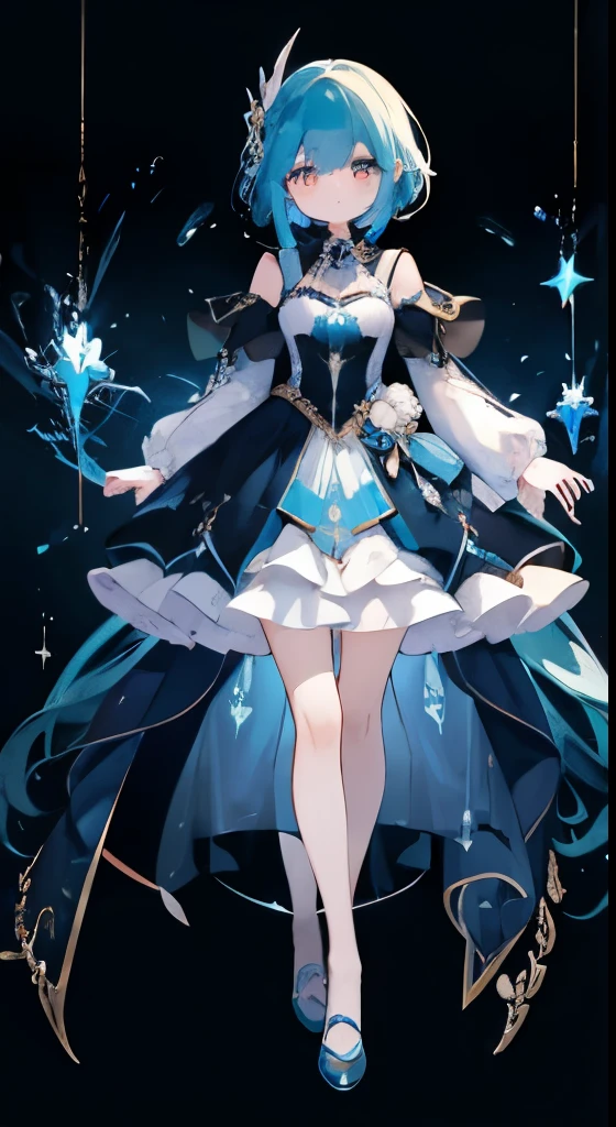 full body costume、one girl、friend、clear face、masterpiece、best image quality、highest quality、blue haired、medium hair、Sigh、lifeless eyes、dark background
