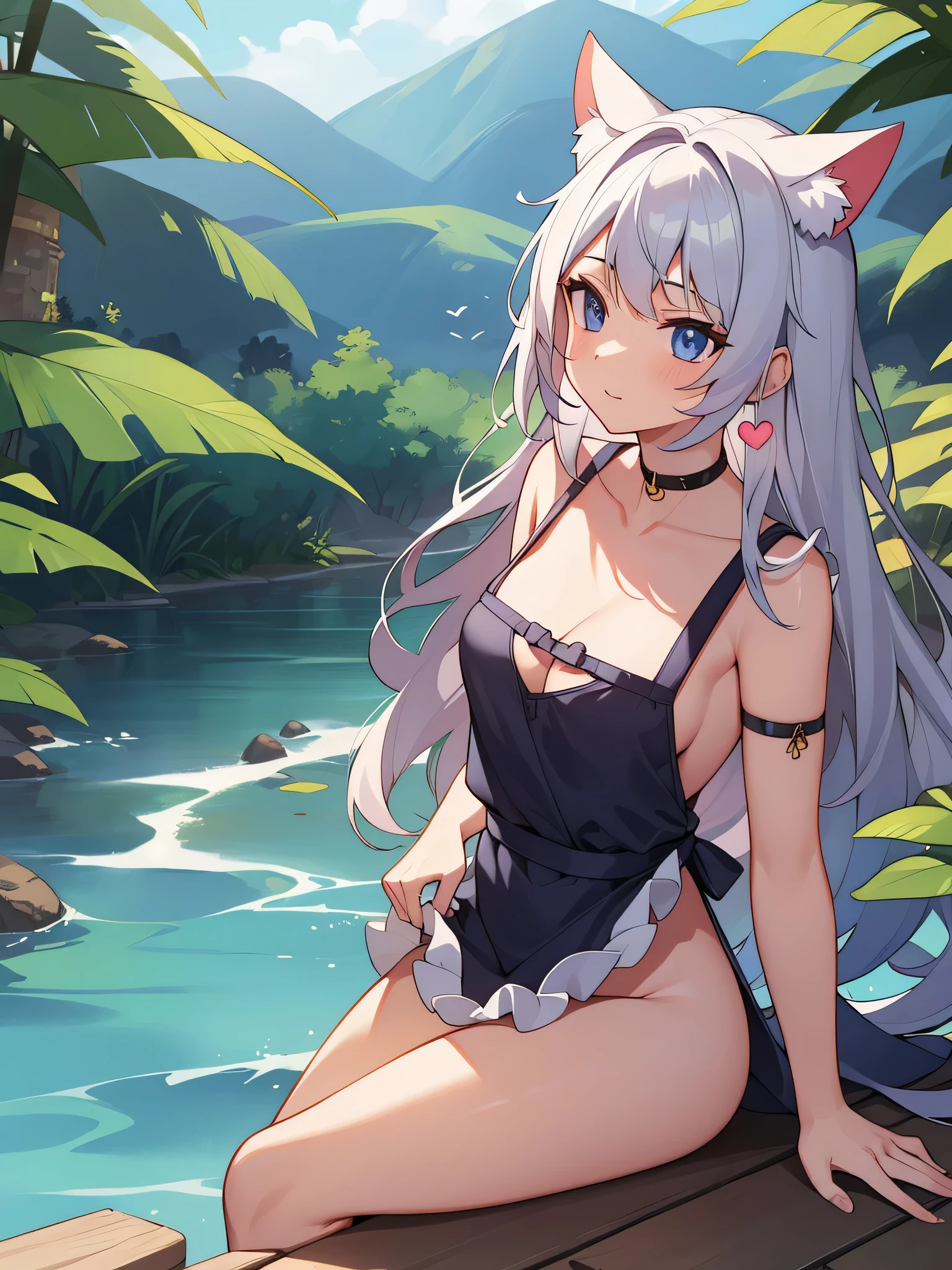(masterpiece), (Best quality anime illustrations), (super clear), a girl, alone, Beautiful girl with silver hair, anime change, Cat ear , naked apron, There is a heart-shaped hole in the chest, Split, Moist and transparent, Mountain and Lake View Cabins