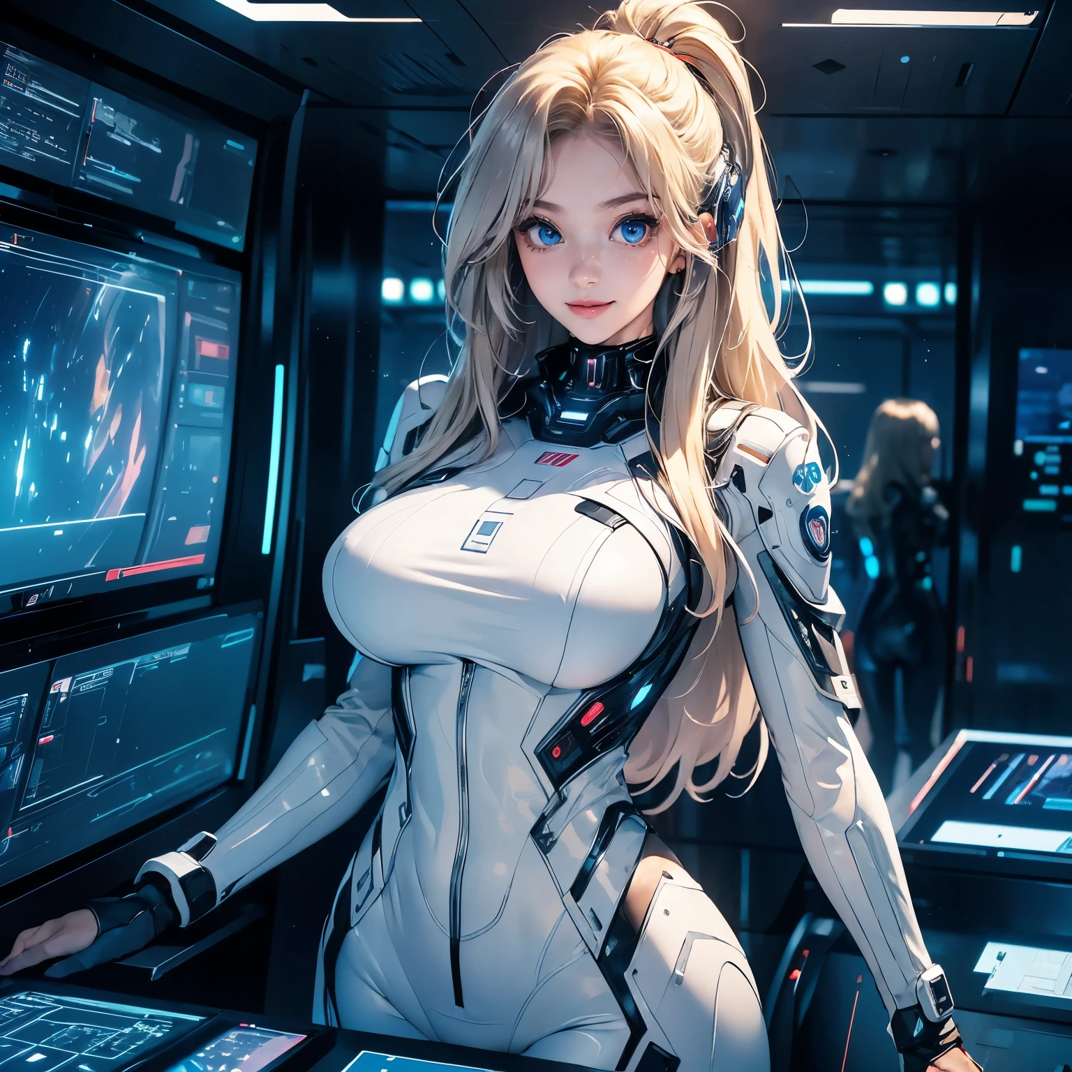 blond woman in white bikini with blue light up collar, beutiful white girl cyborg, neon cybernetic implants, dreamy cyberpunk girl, beautiful cyberpunk woman model, cyberpunk 2 0 y. o model girl, cybernetic neck implant, sci-fi cybernetic implants hq, in cyber punk 2077, in futuristic laboratory room, futuristic laboratory