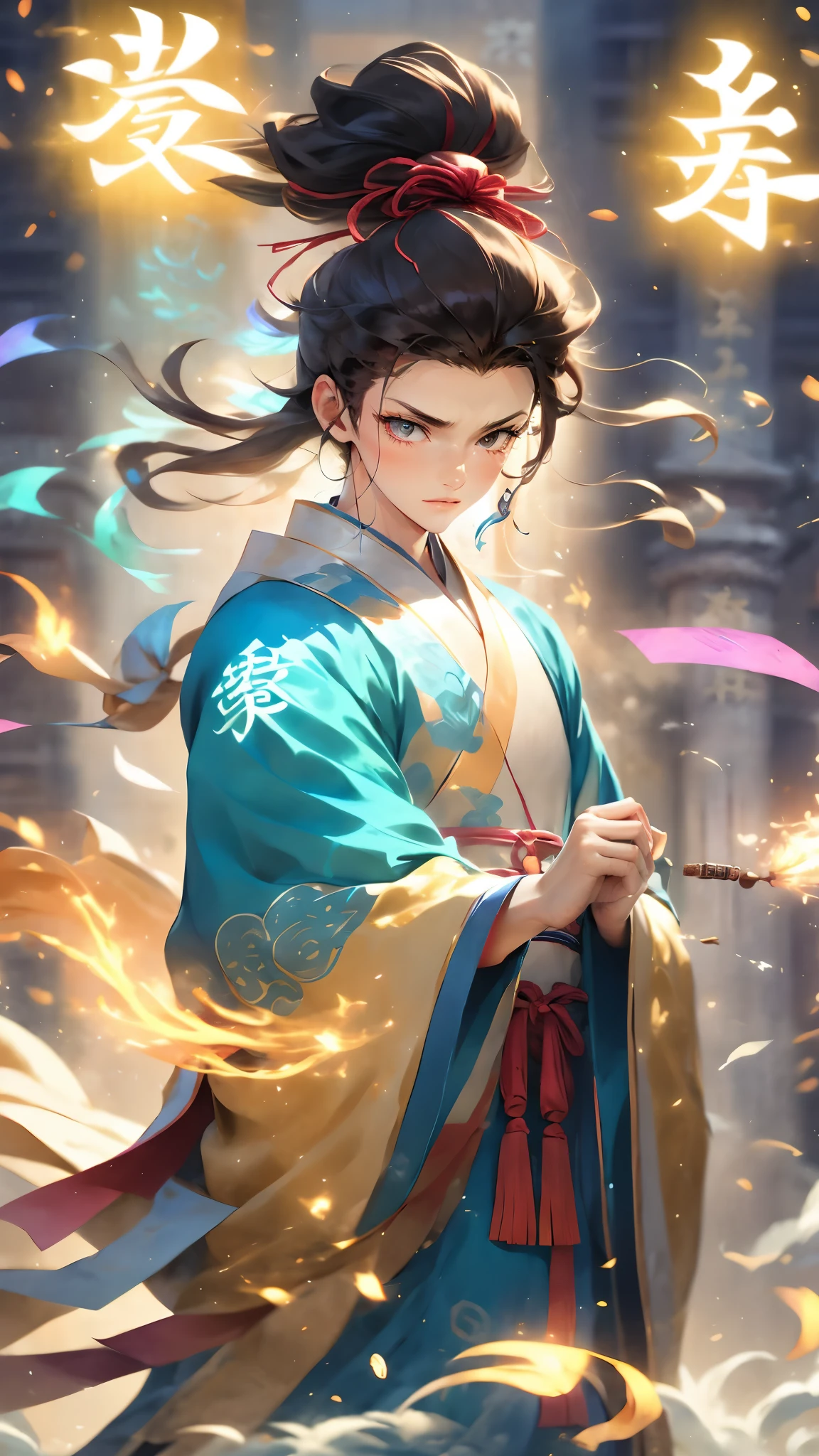 (masterpiece, best quality:1.2),Wen Dao Sheng Zun, black hair,1boy, closed mouth,Multi energy text,Glowing Text,The Energy Behind Chinese Characters, electricity,Multiple light spots,Combat posture,Upper body,dawn,Golden flame, hair ornament,White Hanfu, lightning, long sleeves, magic, male focus, pyrokinesis, ribbon, smoke, solo, sparkler, spirit, standing, wide sleeves,Bundled hair,wind