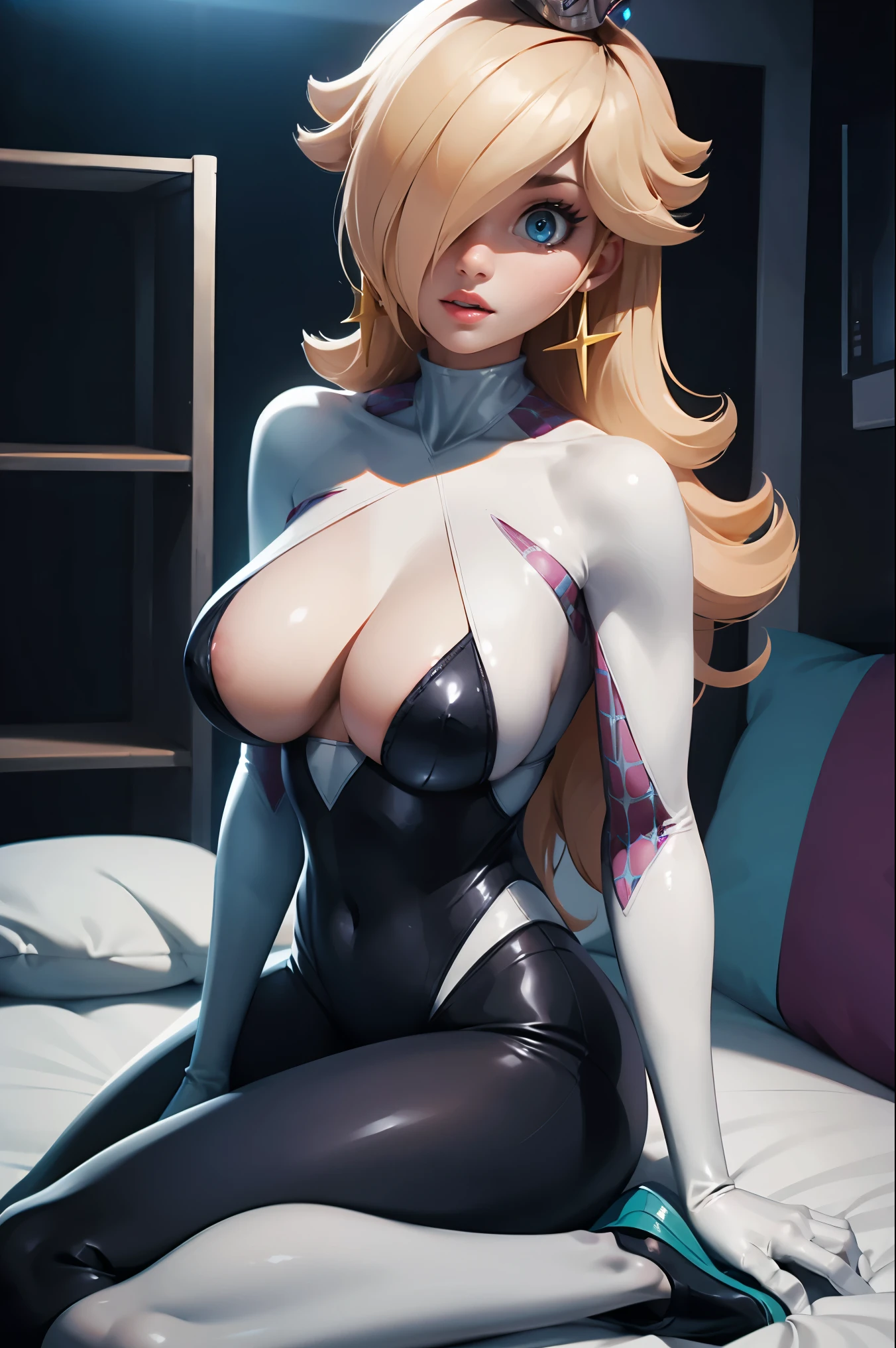 (best quality). (Ultra Detalhado). (1girl), Olhando para o Viewer. (Antecedentes detalhados). belos olhos detalhados. rosto delicado e bonito. (high saturation), seios grandes, droopy breasts, sexy spidergwen costume, full body, long legs, big breasts,