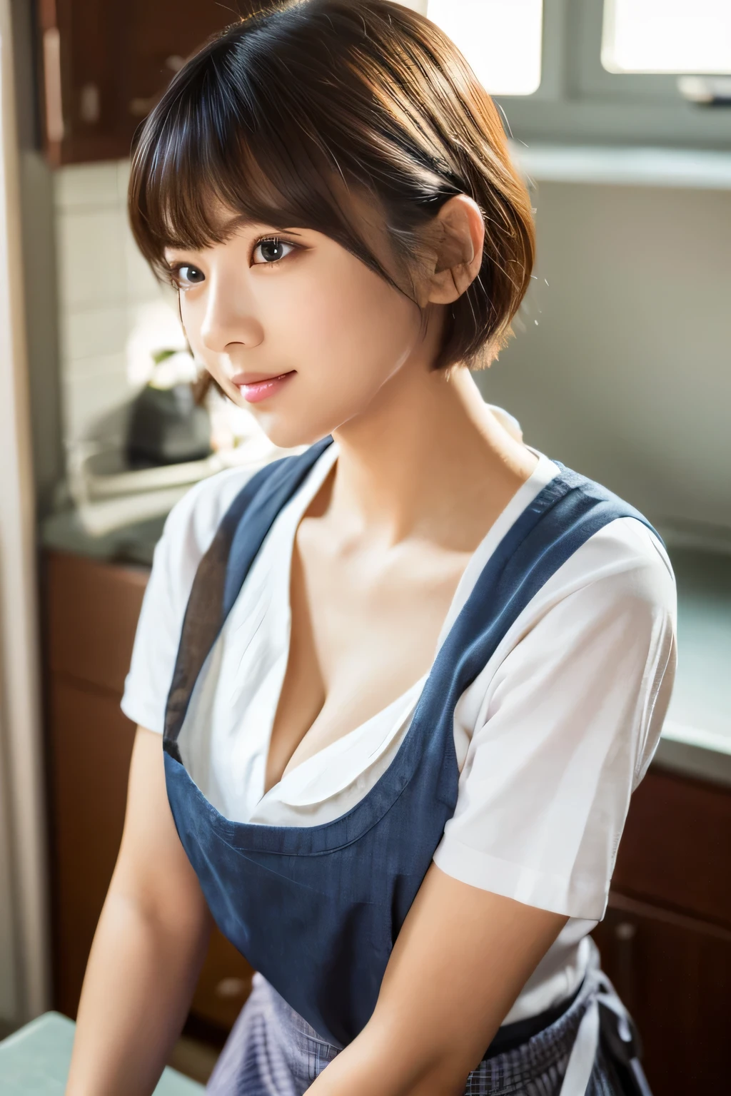 masterpiece、1 cute girl、(Apron appearance、kitchen:1.3)、detailed eye、puffy eyes、highest quality, 超High resolution, (reality: 1.4), movie lighting、asian beauty、Japanese、super beautiful、beautiful skin、thin、healthy beauty、(thigh height:1.2)、body facing forward、(超reality的な)、(High resolution)、(8k)、(very detailed)、(beautiful detailed eye)、(Super detailed)、 detailed face、bright lighting、professional lighting、looking at the viewer、look straight ahead、slanted bangs、short cut bob、18-year-old、(big ,cleavage)
